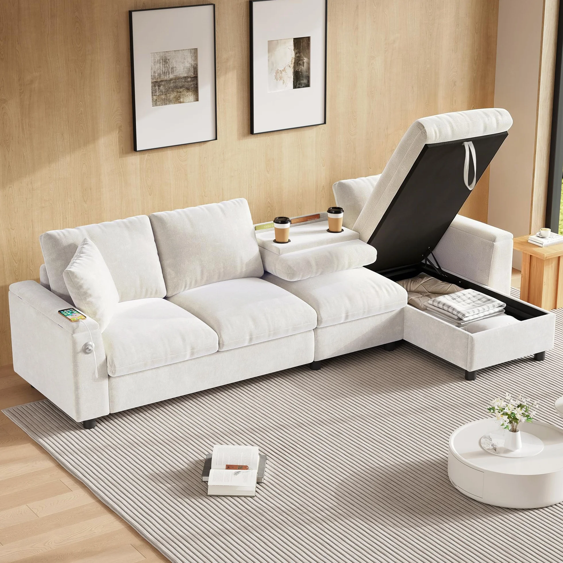 Sofa narożna szenilowa L z miejscem do przechowywania, stolik kawowy USB-C, beżowa