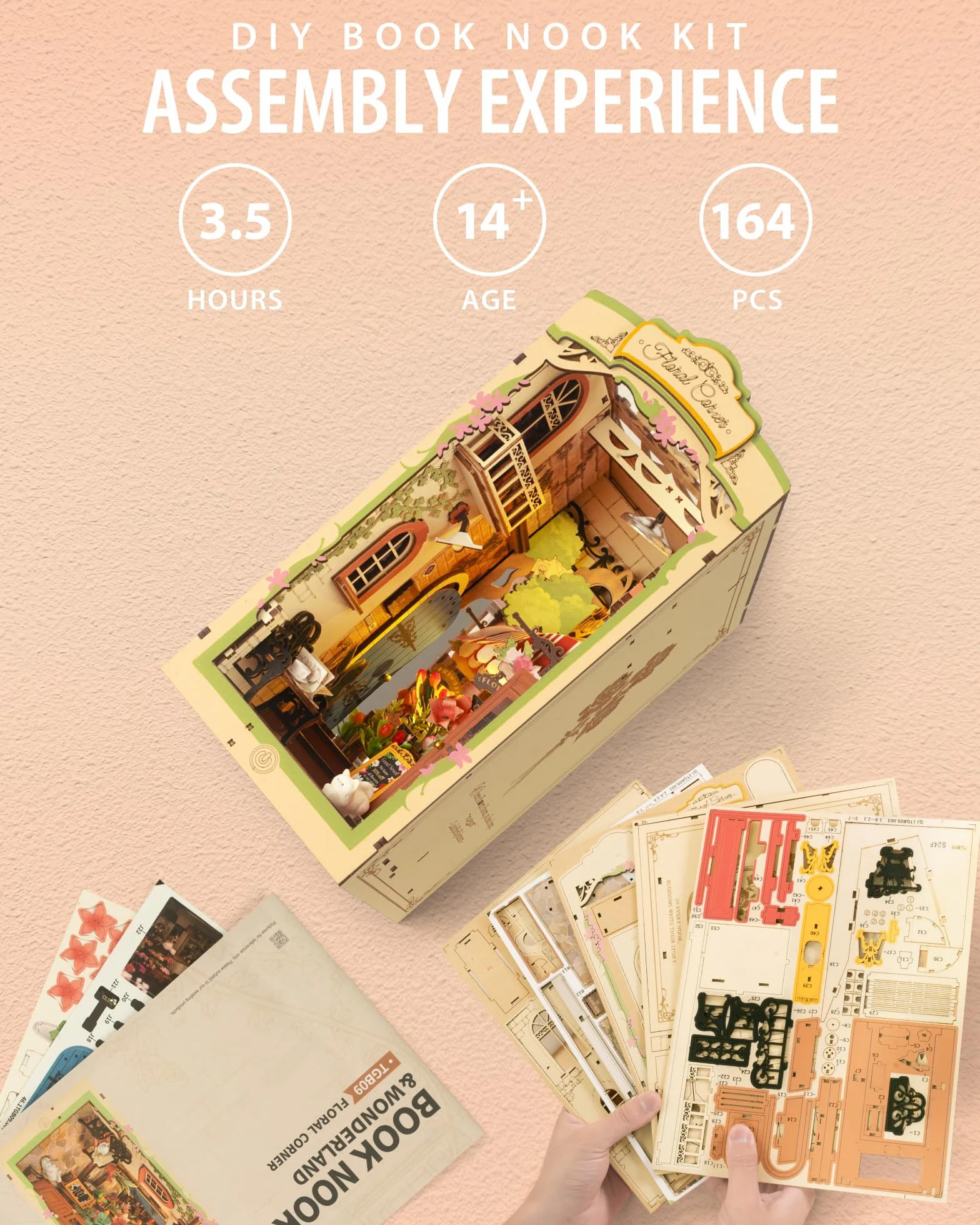 Rolife Zestaw Book Nook Kwiatowy Zakamarek z lampkami LED DIY Miniaturowy Zestaw Domku Drewniane Puzzle 3D dla Dorosłych do Budowania Dekoracja Półki na Książki Prezent na Boże Narodzenie i Urodziny