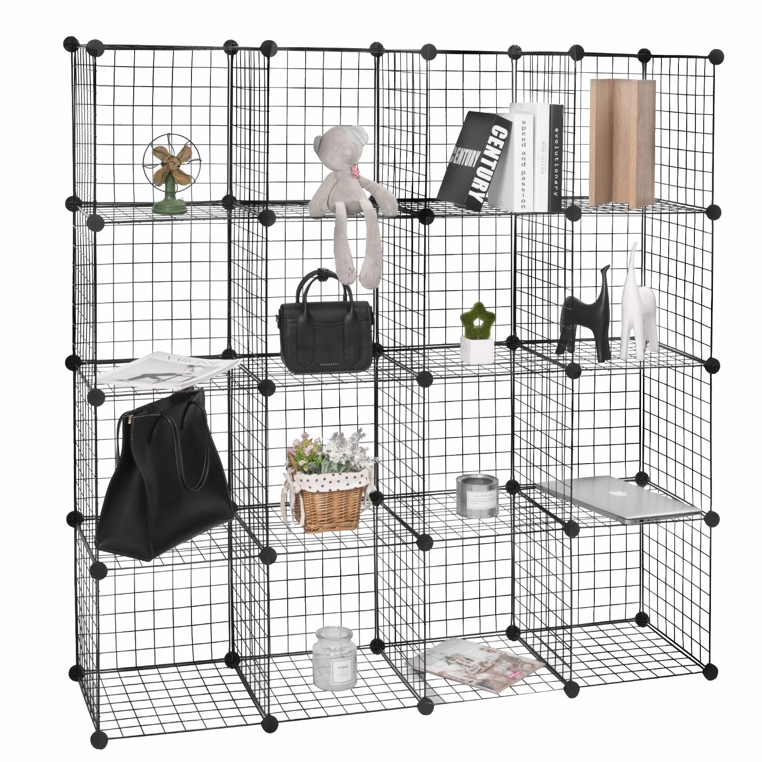 WOLTU SR0123sz-2 system półek bezśrubowych półka sześcianowa półka druciana regulowana indywidualnie 16 przegródek czarny z siatki drucianej 148 x 37 x 148 cm (szer. X wys. X gł.)