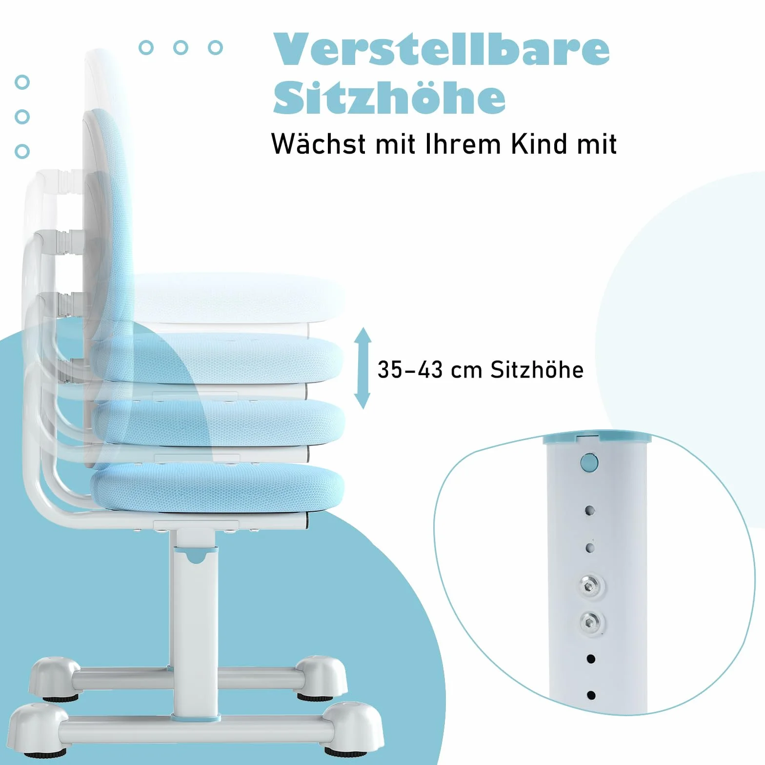 COSTWAY krzesło biurowe dla dzieci, wysokość siedziska regulowana 35-43 cm, krzesło biurowe dla dzieci z podwójnym oparciem, krzesło biurowe bez podłokietników i kółek, krzesło dla dzieci dla chłopców