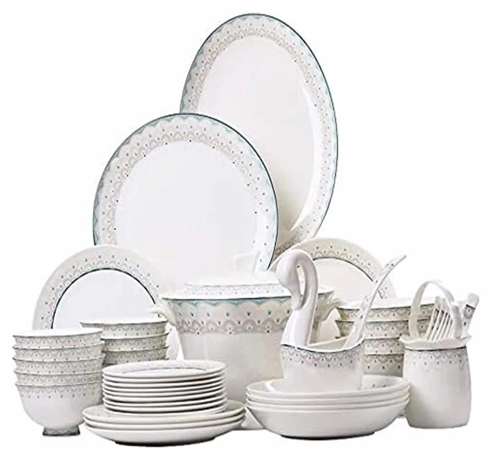Zestaw zastawy stołowej, zestaw naczyń ceramicznych z 50-częściowym niebieskim wzorem porcelanowym zestawem kombinacji - kompletny serwis zastawy stołowej na przyjęcia obiadowe