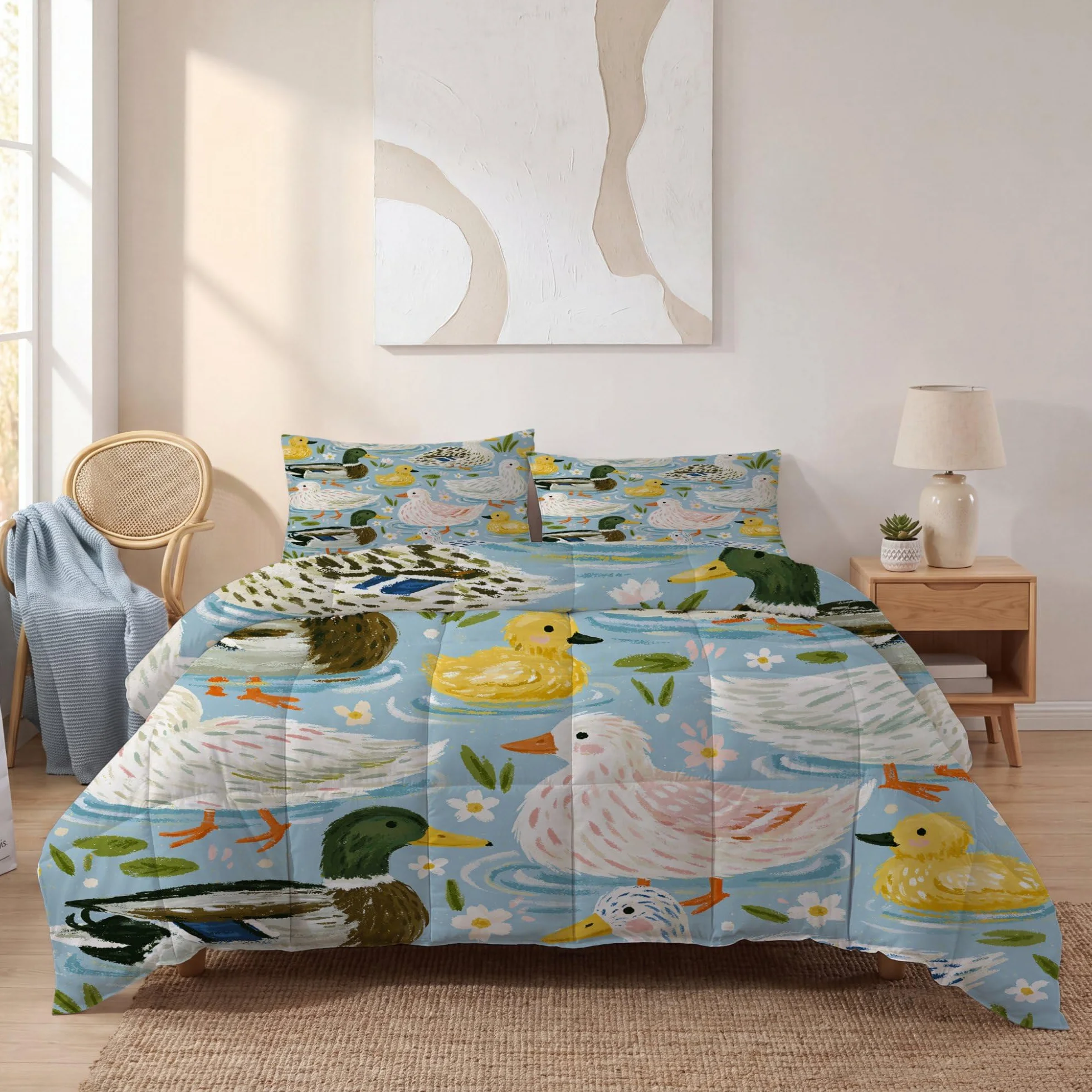 Duckling rustykalna kaczątko lilia wodna bez poszewki na kołdrę King (230 x 220 cm) 4,5 Tog, letnia kołdra z nadrukiem, dwustronna, lekka pościel z 2 poszewkami na poduszki (50 x 75 cm), niebieska