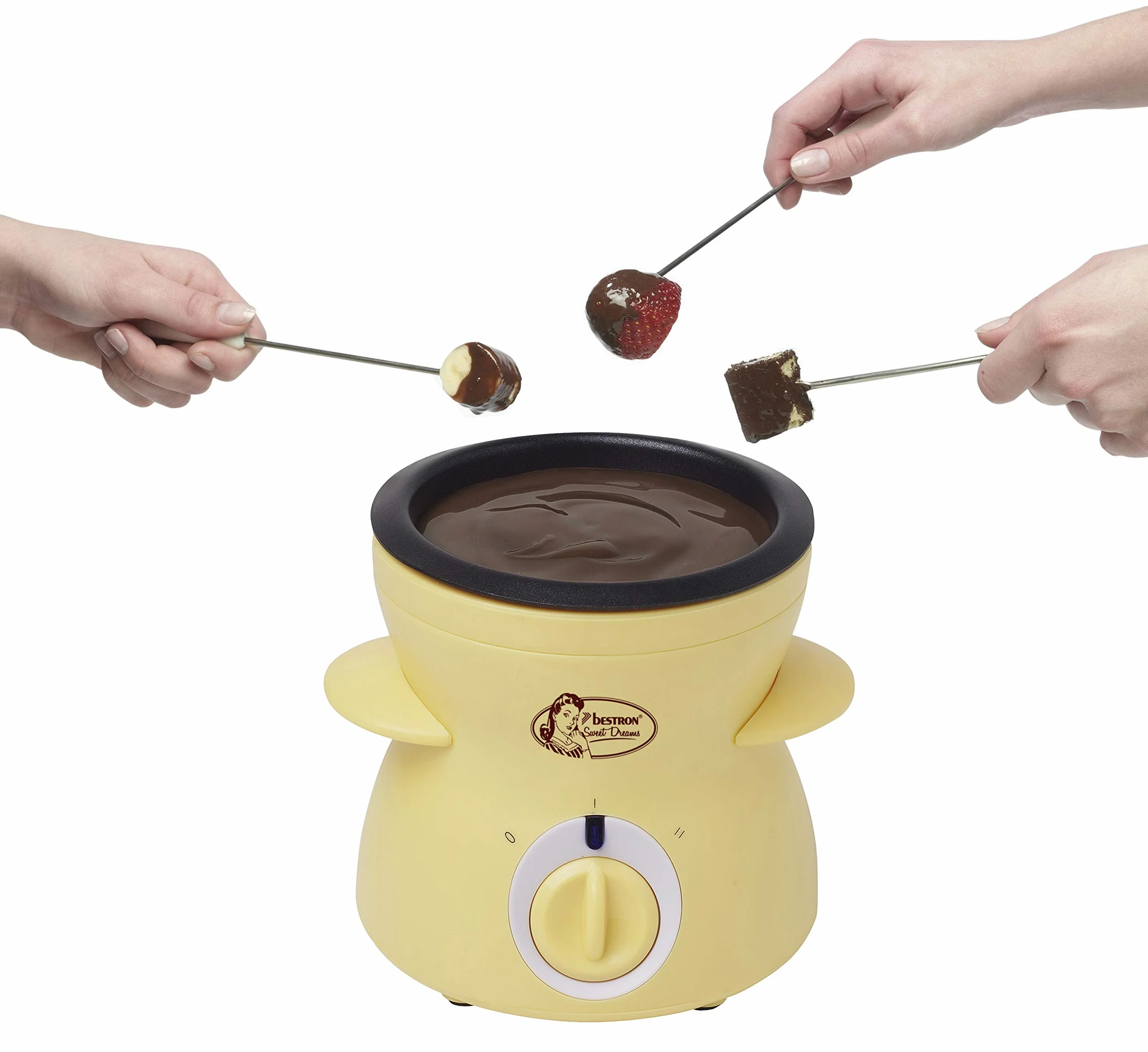 Bestron Czekoladowe fondue dla 2 osób, mini zestaw do fondue czekoladowego, w zestawie 10 szpikulców, 10 widelców i 1 szpatułka, 25 W, żółty