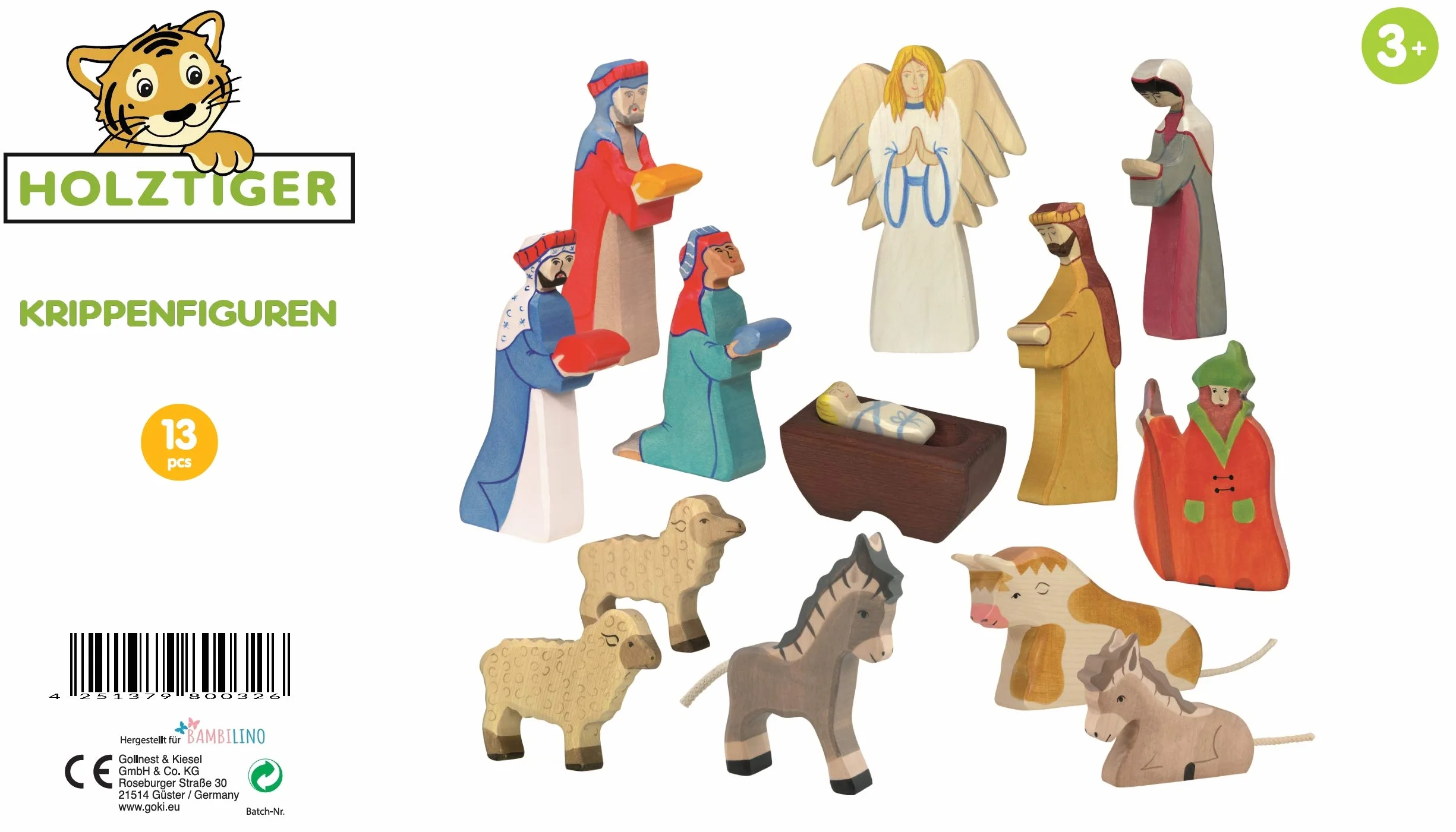 Holztiger Figurki do szopki, duży zestaw do zabawy, 13 figurek szopki i zwierzęta