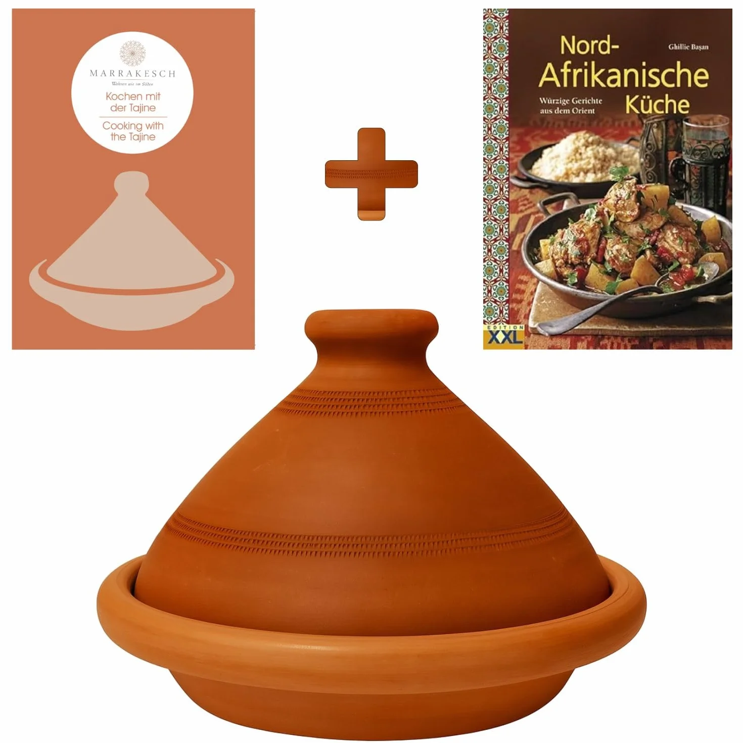 Tajine, z Maroka, w tym książka kucharska kuchni północnoafrykańskiej, gliniany garnek do gotowania, tuareg, ręcznie wykonany z Marrakeszu, wolny od szkodliwych substancji, terakota, Ø 30 cm, dla 4-5