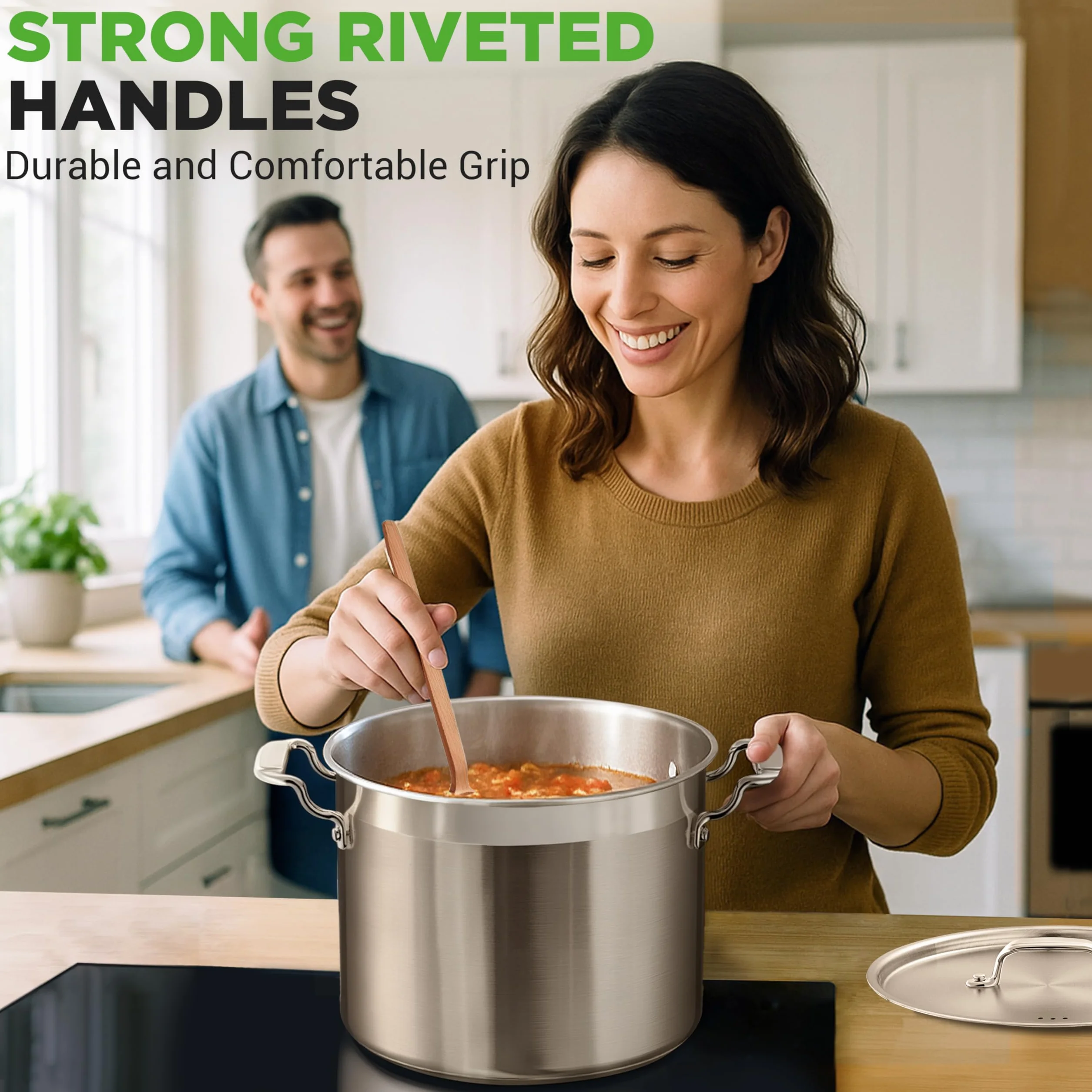 NutriChef Garnek ze stali nierdzewnej z pokrywką, duże garnki 13 l, na gulasz, zupę, makaron, gotowość do mięsa, gotowość indukcyjna, duży garnek do gotowania z ergonomicznymi uchwytami