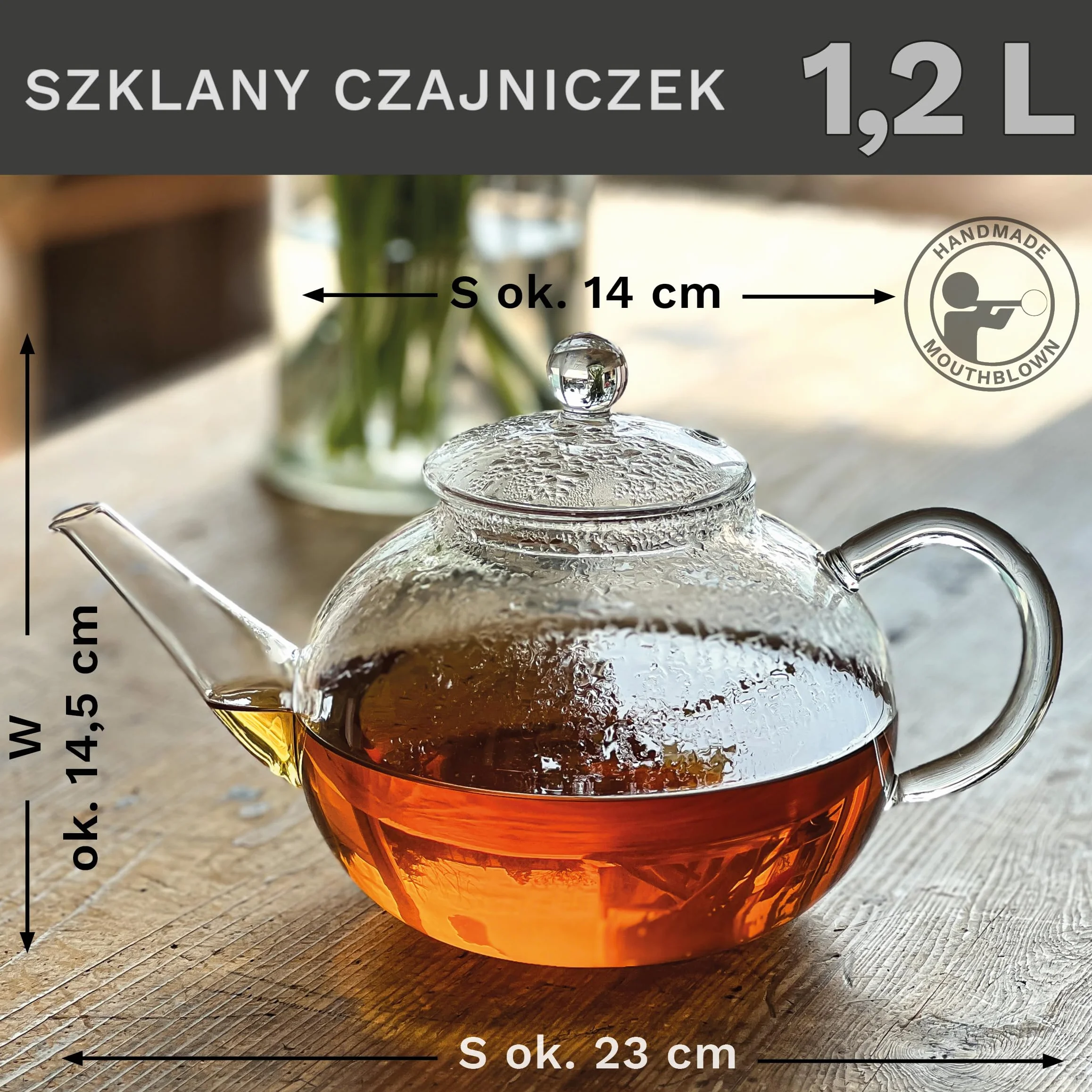Creano Szklany dzbanek do herbaty o pojemności 1,2 l, 3-częściowy zaparzacz do herbaty z wbudowanym sitkiem ze stali nierdzewnej i szklaną pokrywką, idealny do przygotowywania luźnych herbat, bez kapania