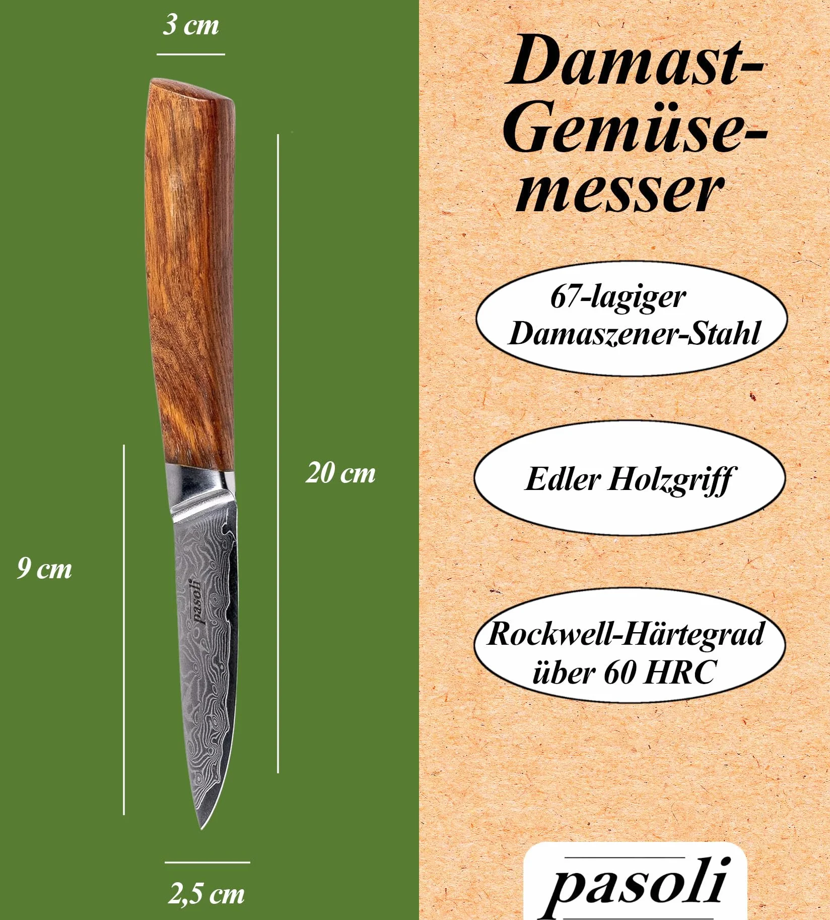 pasoli Nóż do warzyw ze stali damasceńskiej z osłoną ostrza | 67-warstwowa stal damasceńska VG-10 | ostre ostrze 9 cm | szlachetny drewniany uchwyt | idealny nóż szefa kuchni (paring)