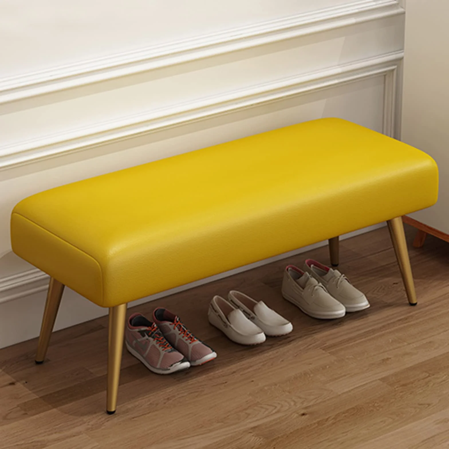 Nowoczesny żółty tapicerowany podnóżek stołek wszechstronny do sypialni, salonu i akademika, stylowa ławka na buty na koniec łóżka, 100 x 40 x 43 cm (39 x 16 x 17 cali)