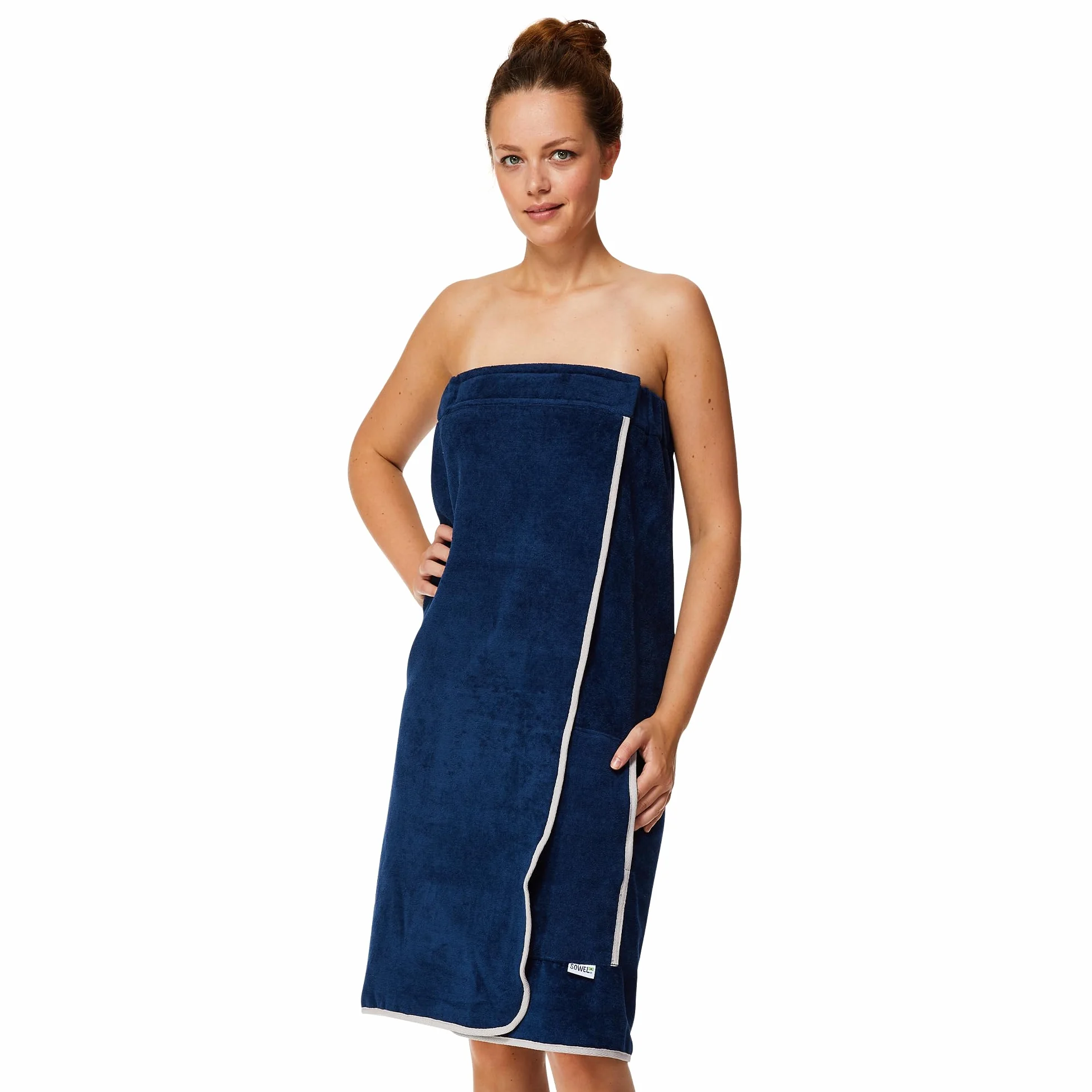 Sowel Damski kilt do sauny, 100% bawełna organiczna, ręcznik do sauny z zapięciem na rzepy i gumowym ściągaczem, ręcznik do sauny o długości do kolan, 80 x 130 cm, granatowy/szary