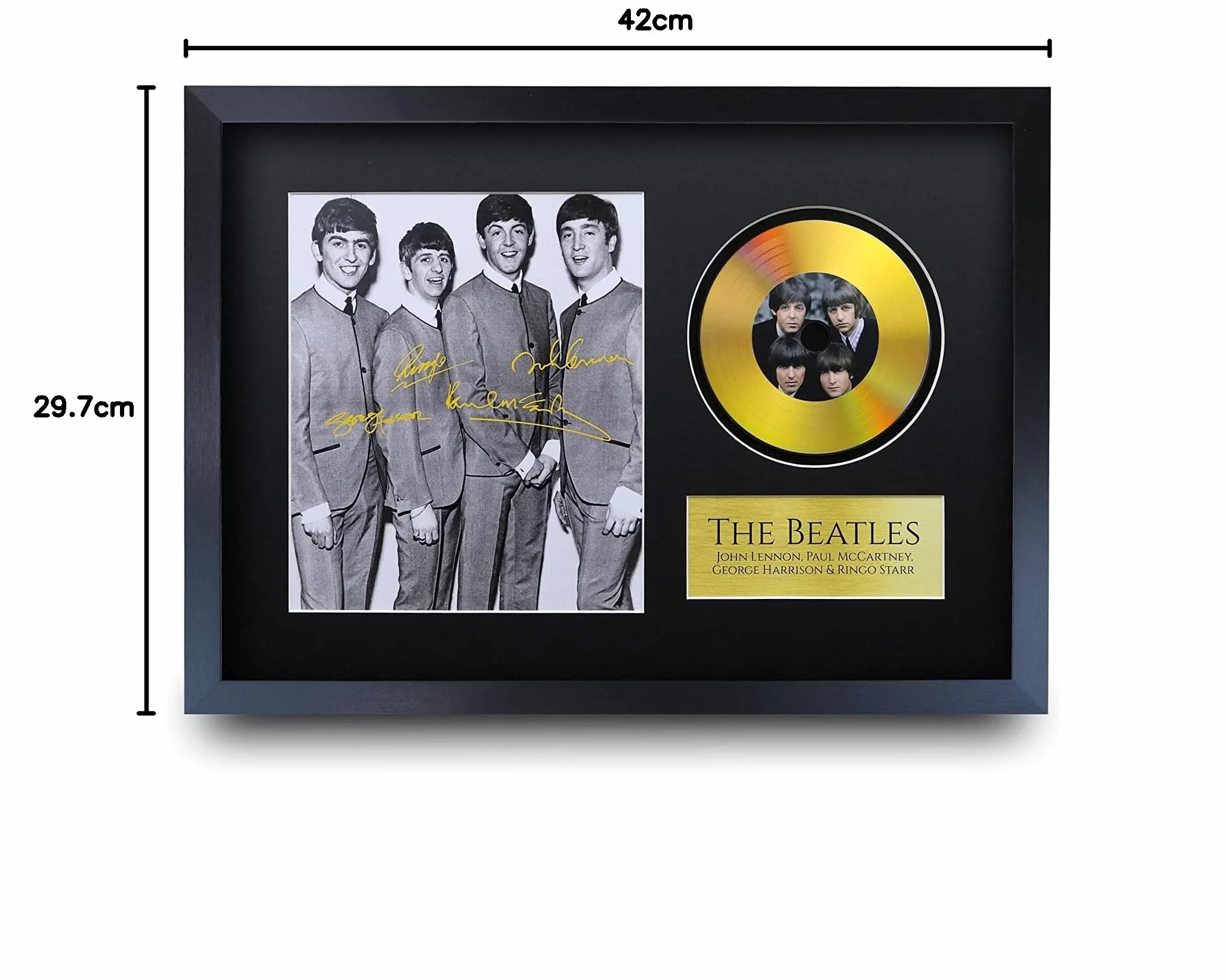 HWC Trading A3 FR The Beatles John Lennon Paul McCartney George Harrison Ringo prezenty podpisany autograf zdjęcie ze złotym nadrukiem obrazu dysku dla fanów pamięci muzyki - A3 oprawiony