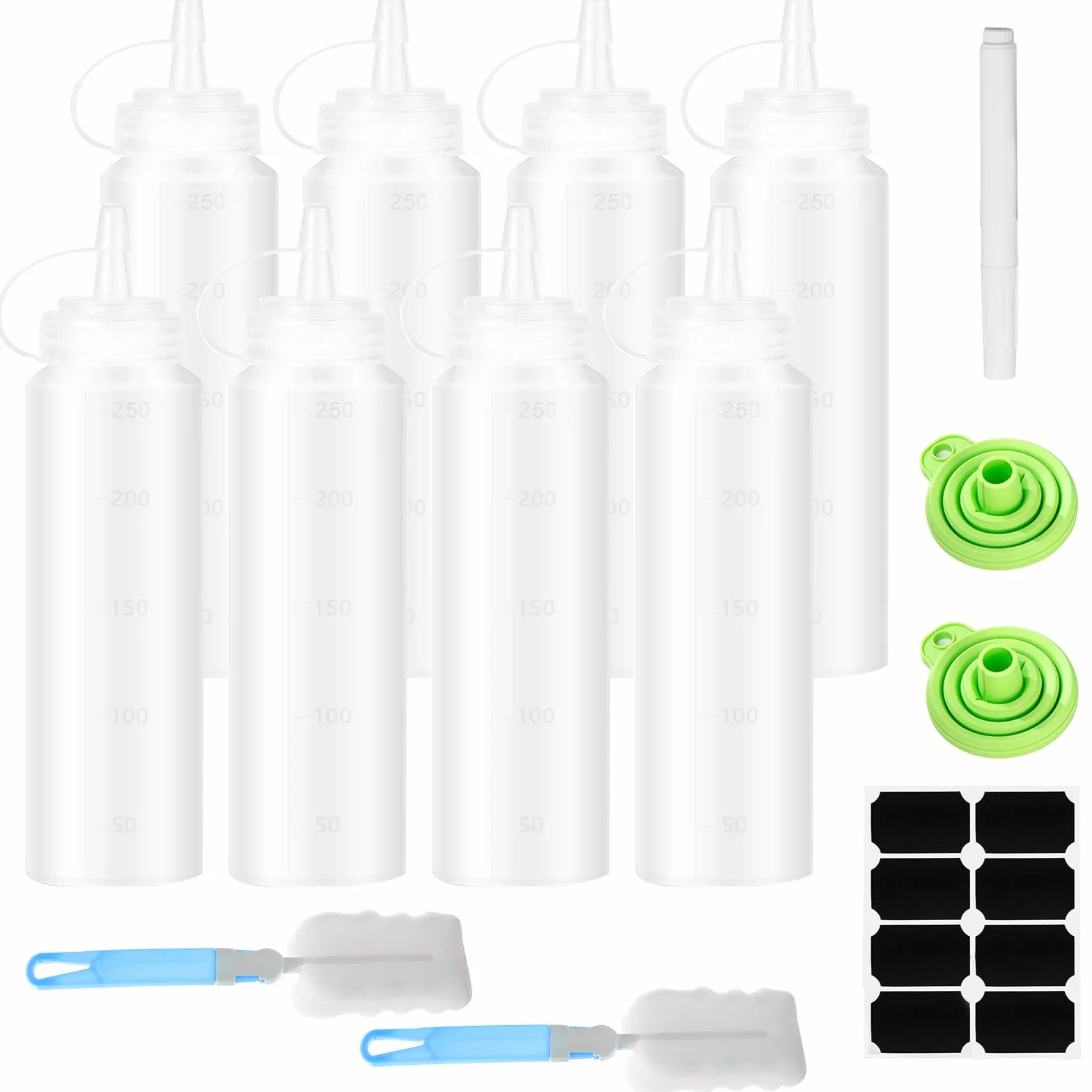 Butelka do wyciskania, 8 sztuk, 250 ml, plastikowa butelka do wyciskania z nakrętkami, bez BPA, do malowania, pieczenia, keczupu, ostrego sosu, oliwy z oliwek, butelka na sos