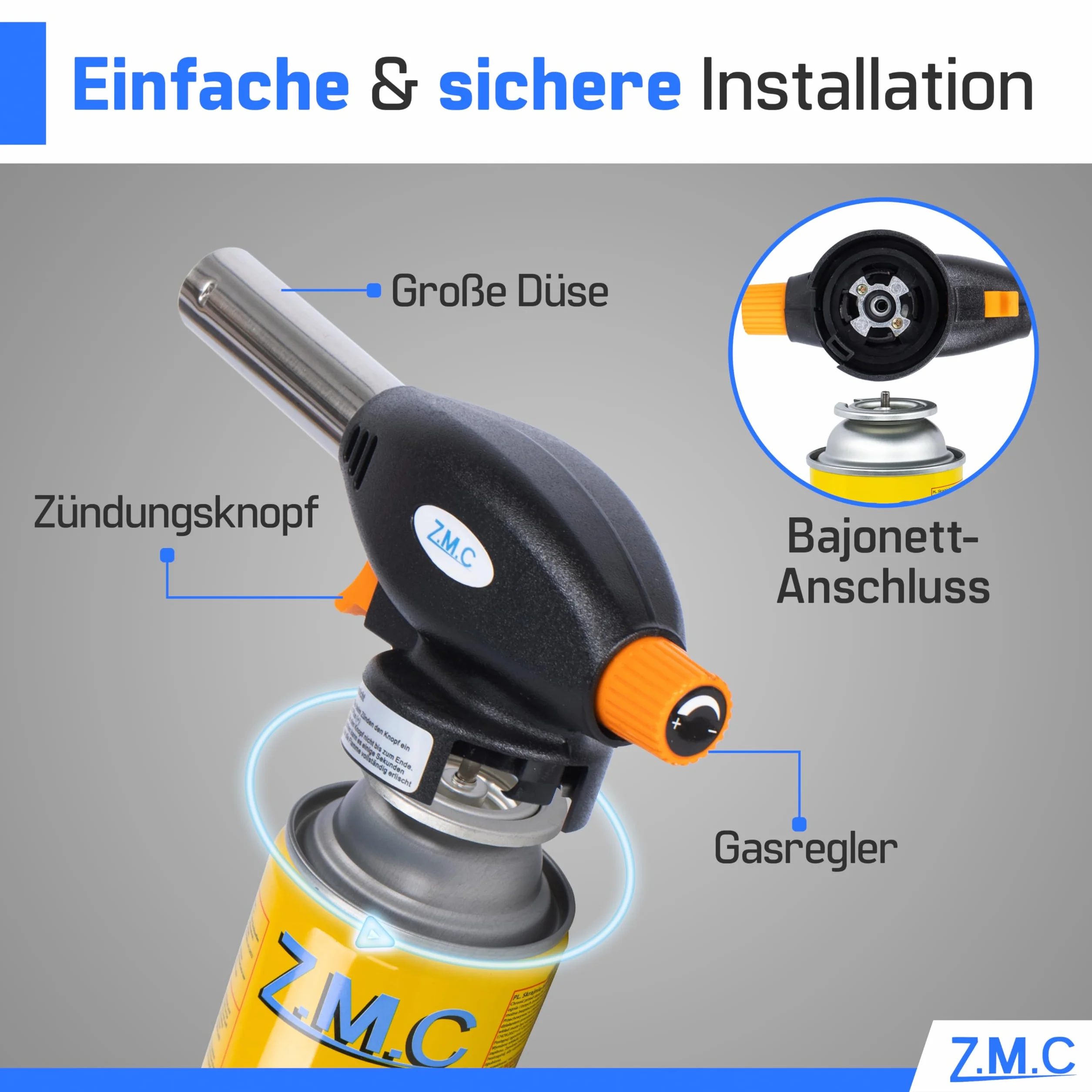 Z.M.C Palnik gazowy + 4 x kartusze gazowe 227 g, palnik do flambira, temperatura do 1300°C, palnik spawalniczy z zapłonem piezoelektrycznym, palnik do lutowania 1,3 kW, nasadka palnika z regulowanym