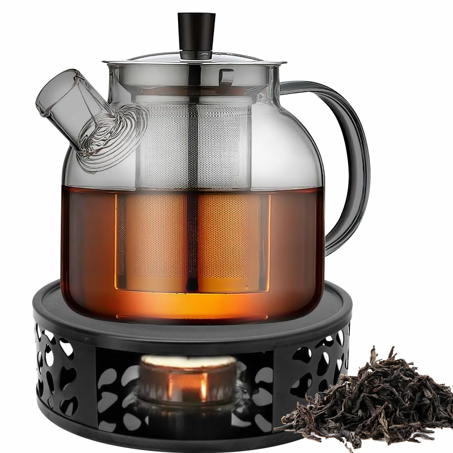 Czarny dzbanek do herbaty 1500 ml z podgrzewaczem, szklany zaparzacz do herbaty z sitkiem, szklany dzbanek z sitkiem, dzbanek do herbaty ze szkła borokrzemowego, dzbanek do herbaty sypkiej, torebki