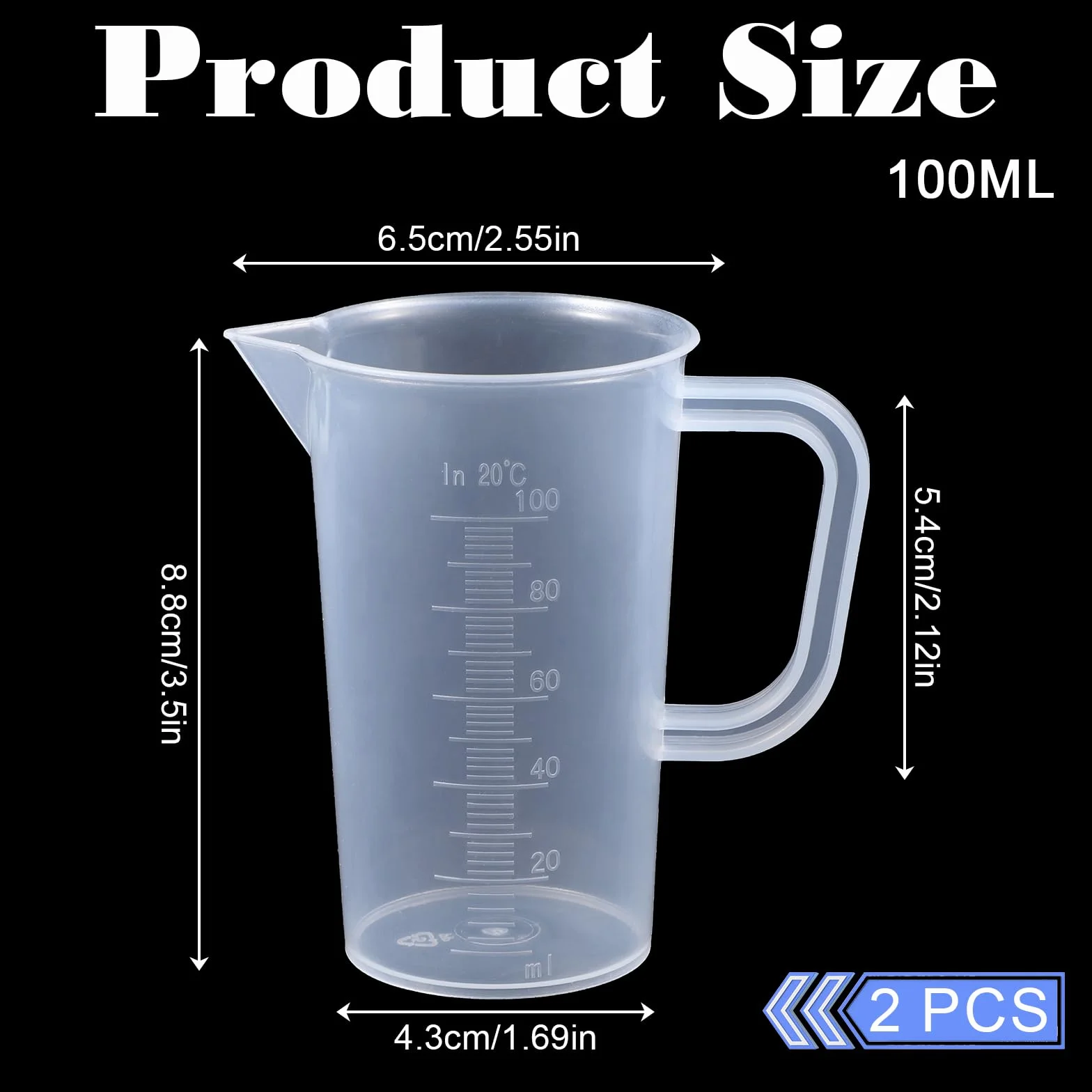 2 kubki z miarką 100 ml, małe, z tworzywa sztucznego, przezroczyste, z wagą, mini miarka, pomoc w dozowaniu środków piorących, kuchni, pieczenia, laboratorium, gotowania, 2 sztuki