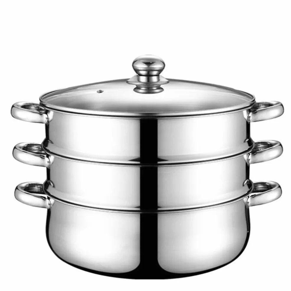 3-Poziomowy Garnek Do Gotowania Na Parze Ze Stali Nierdzewnej, Garnek Do Gotowania Na Parze, Garnek Do Gotowania Tamale Z Warzywami Morskimi, 30 Cm, Zestaw Naczyń Do Gotowania(Srebrny-32 * 25,4Cm)