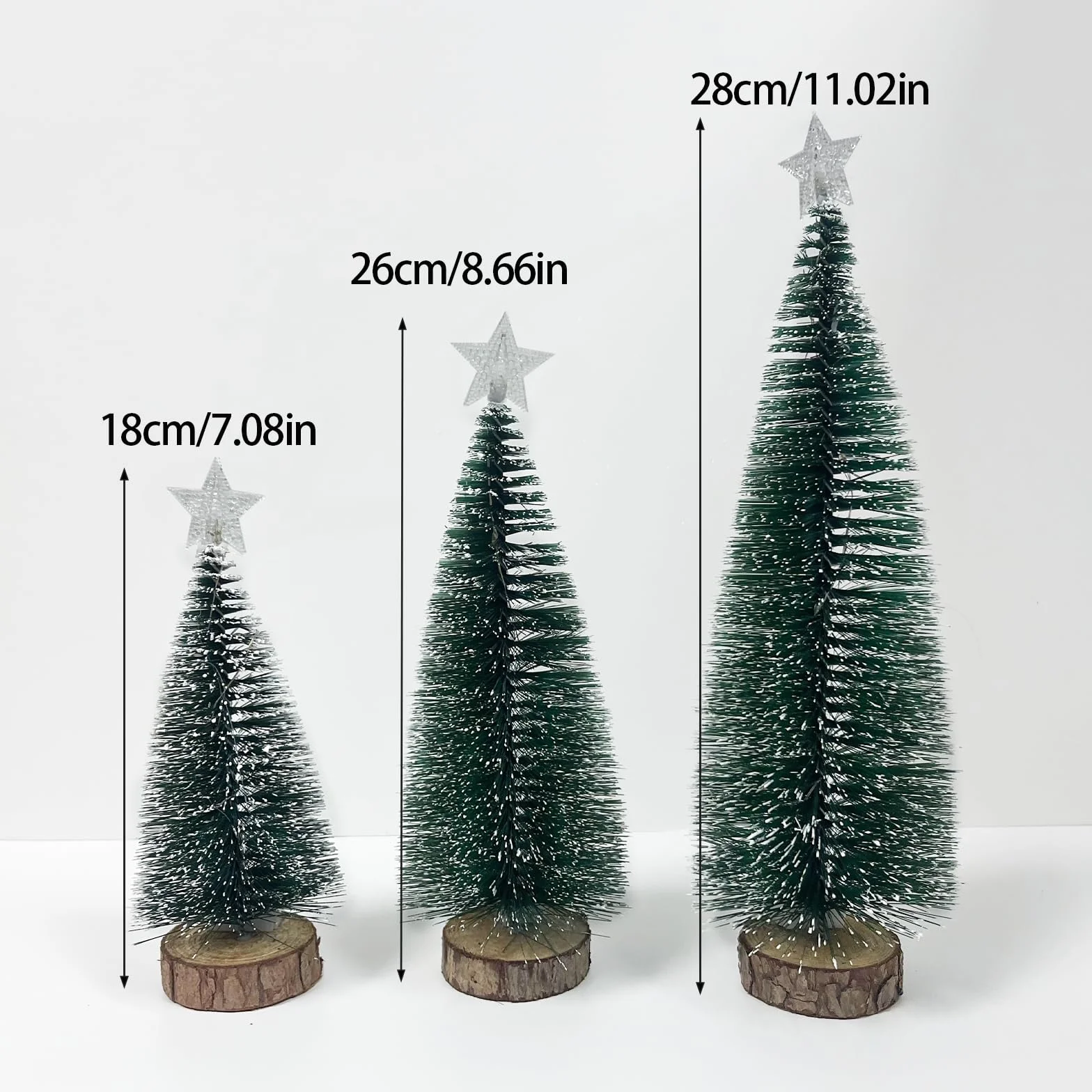 3 szt. małych choinek, mini sztuczne choinki z drewnianymi podstawami (18/22/28 cm), światłami LED i śniegami do dekoracji bożonarodzeniowych, DIY (ciepłe światło)