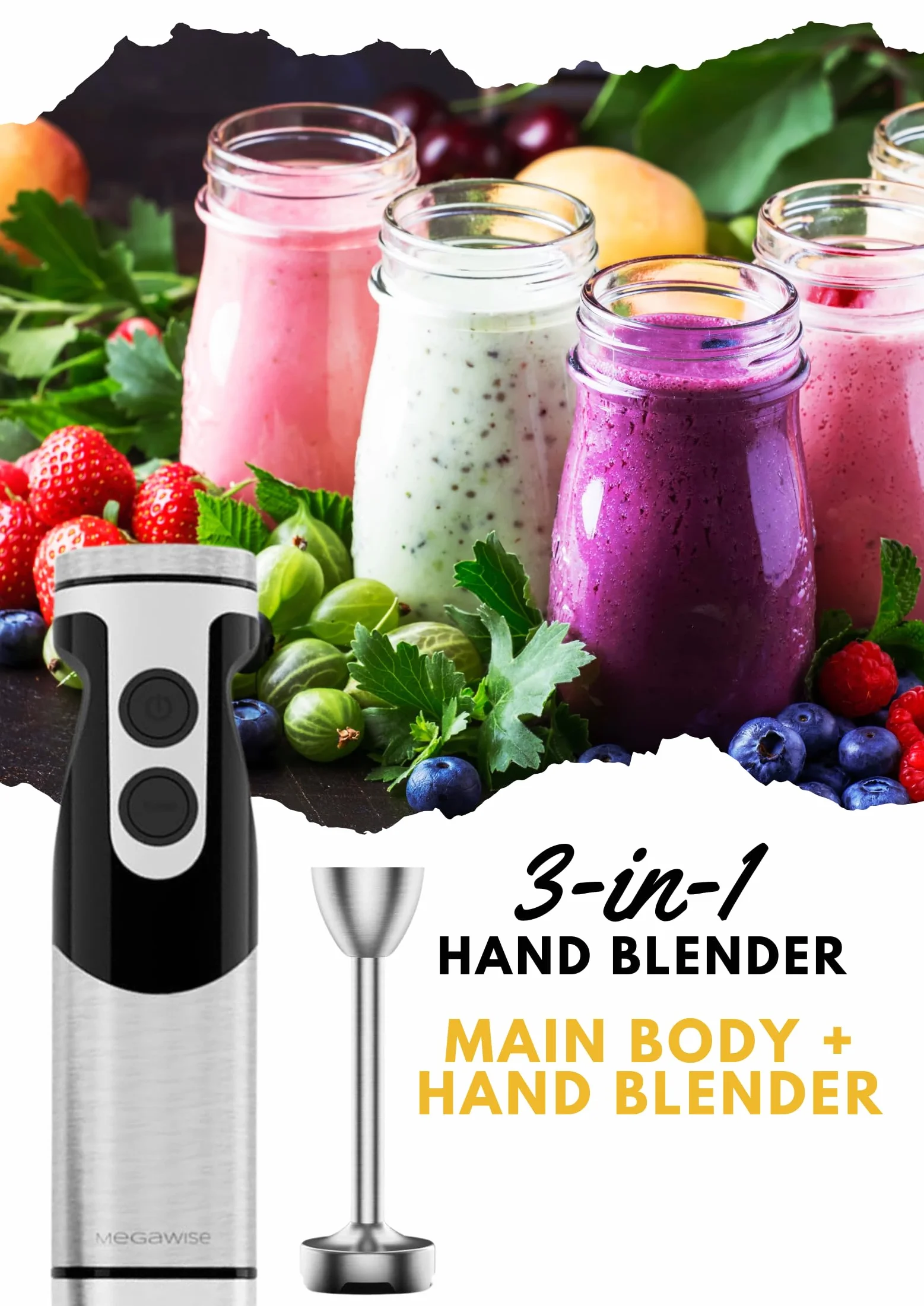 Megawise High-Power Hand Blender – maksymalna moc 400W z wszechstronnymi załącznikami 3-w-1 (wał mieszający, whisk, chopper); Ergonomiczny design z regulowaną kontrolą prędkości (czarny)