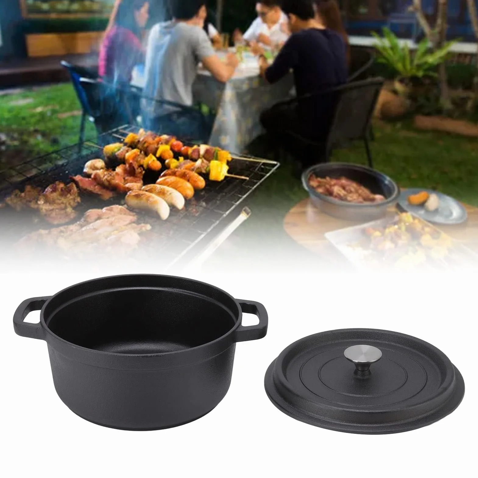 Naroote 24cm żeliwny Holenderski Garnek do Pieczenia z podwójną pętlą Niepowlekany Holenderski Piekarnik z Płaskim Dnem z pokrywką i Podwójnym Uchwytem z pętlą do Gulaszu z Zupy