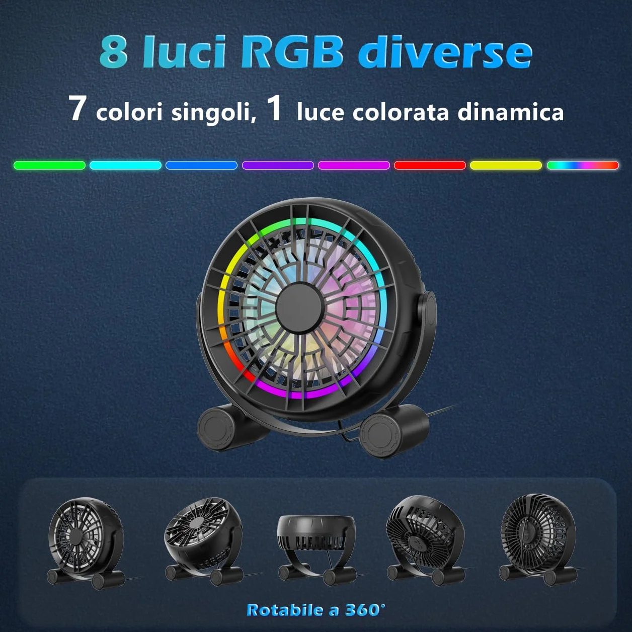 Wentylator biurkowy USB RGB – 3 prędkości, cichy, przenośny wentylator stołowy, 8 kolorów diod LED, obrót o 360°, mały wentylator do domu, biura, na biurko, do sypialni