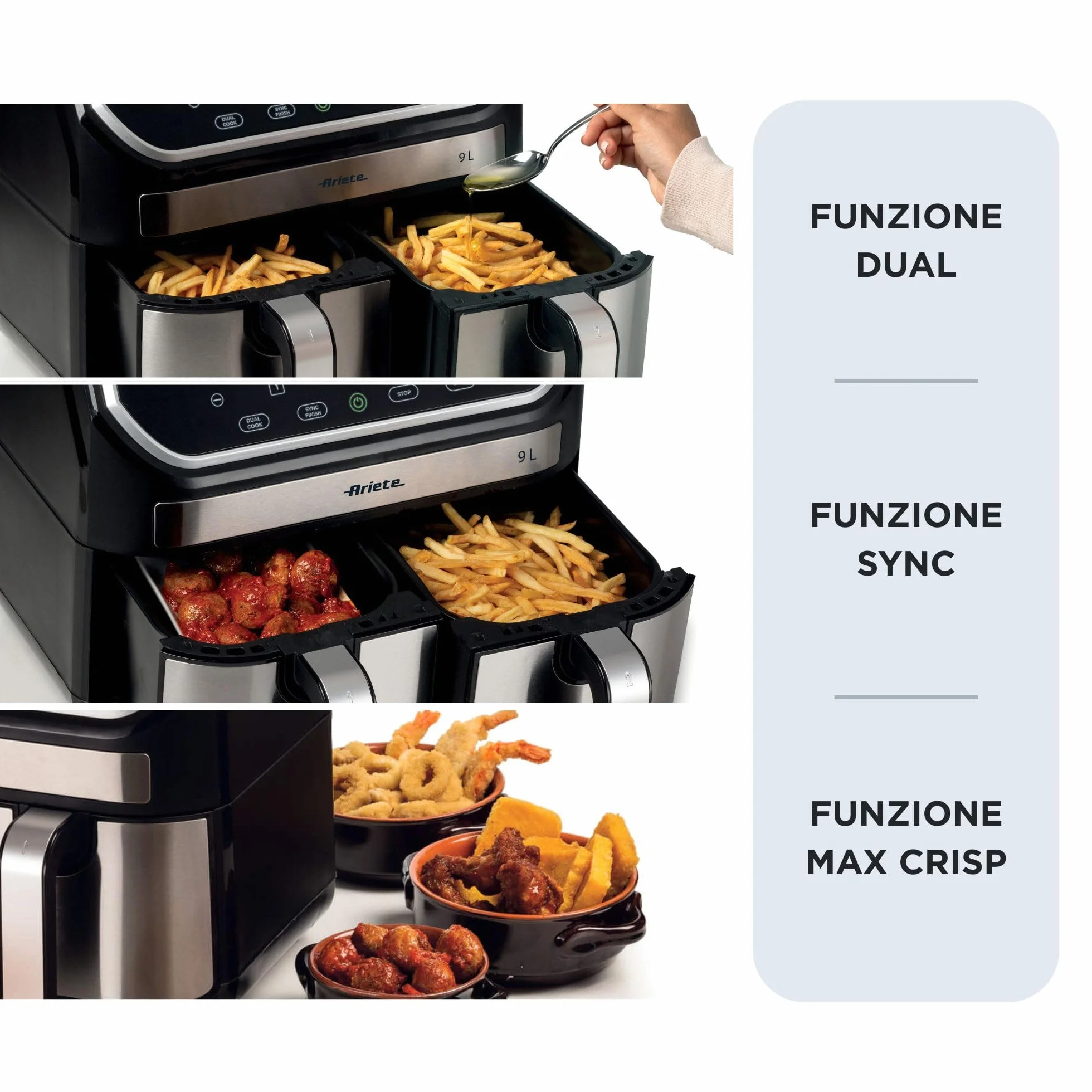 Ariete 4625 frytkownica powietrzna 9 l, 2100 W, pojemność 9 l, podwójny kosz, pojemność gotowania 3,6 kg, 11 zaprogramowanych programów, funkcja Max Crisp, temperatura do 200°C, nieprzywierający kosz