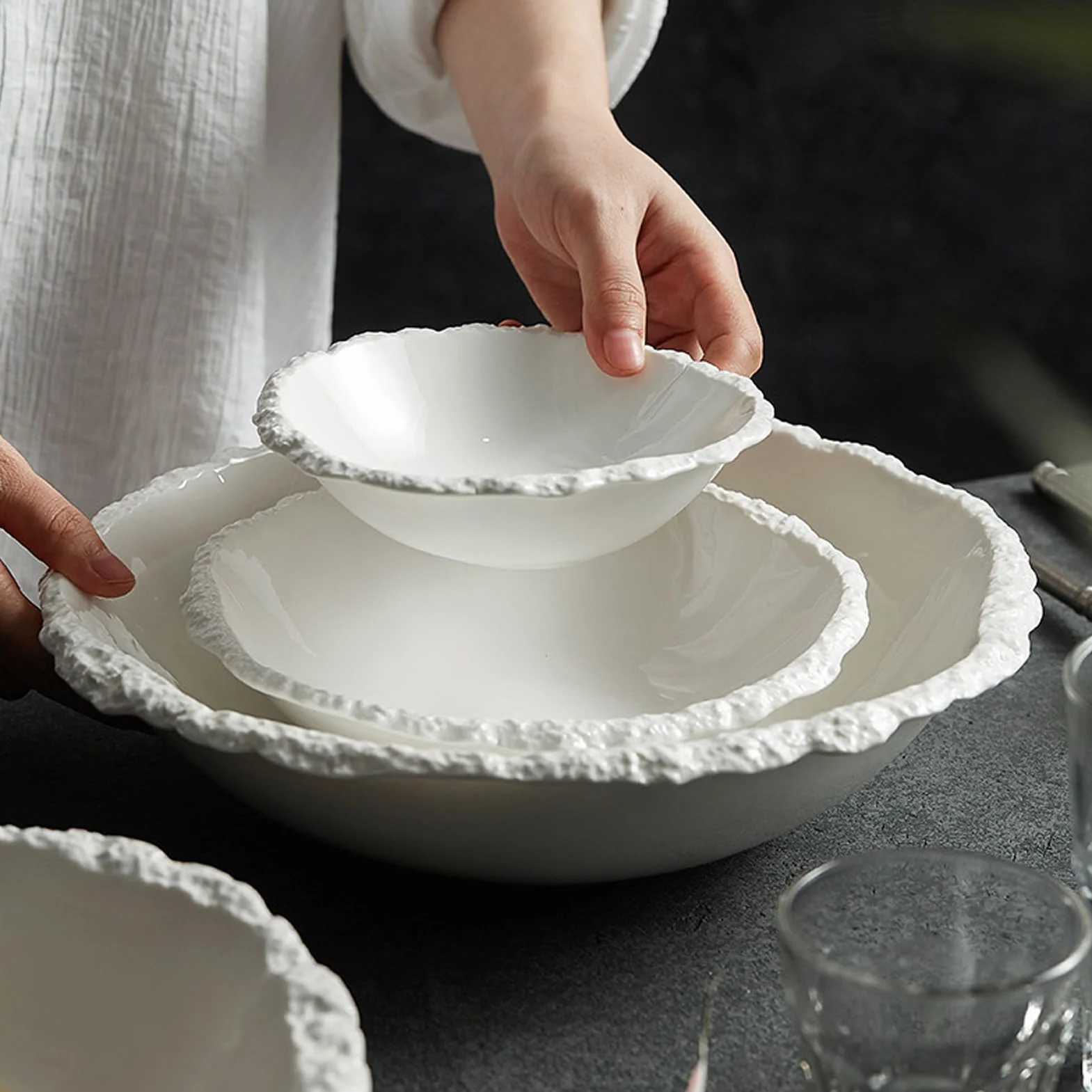 Talerz ceramiczny, talerz do naczyń, miska deserowa Dim Sum, miska ceramiczna, miska na jogurt, kreatywna zastawa stołowa do restauracji, biała, L