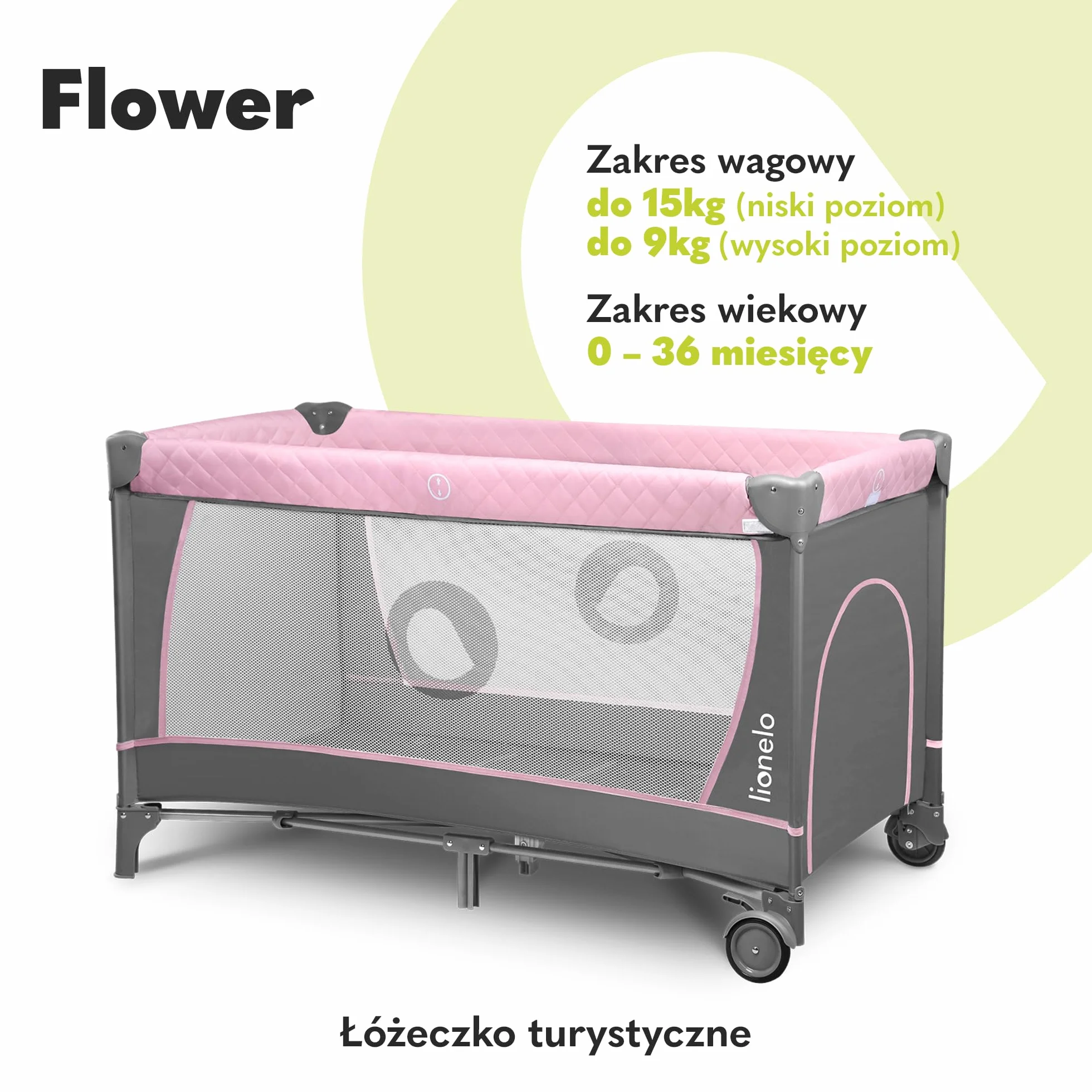 Lionelo Flower Łóżeczko Turystyczne Dla Niemowląt Z Wejściem Bocznym, Przewijak Dwie Wysokości Materaca, Łuk Zabawkowy Z Figurkami Do Zabawy, Kółka, Torba Do Noszenia