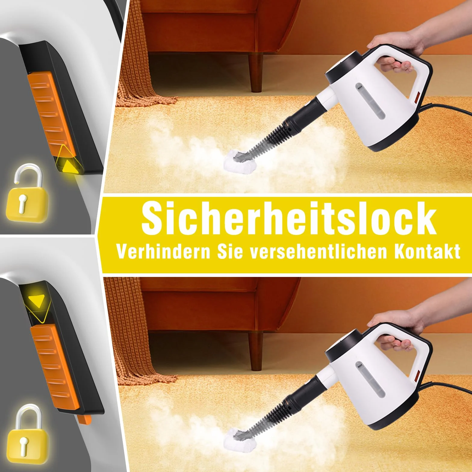 Fippesax Handdampfreiniger, 400 ml Druck-Mehrzweckdampfreiniger mit 9-teiligem Zubehör, chemikalienfreier Dampfreiniger für den Heimgebrauch, Reinigung von Böden, Fliesen, Fenstern, Sofas (Weiß)