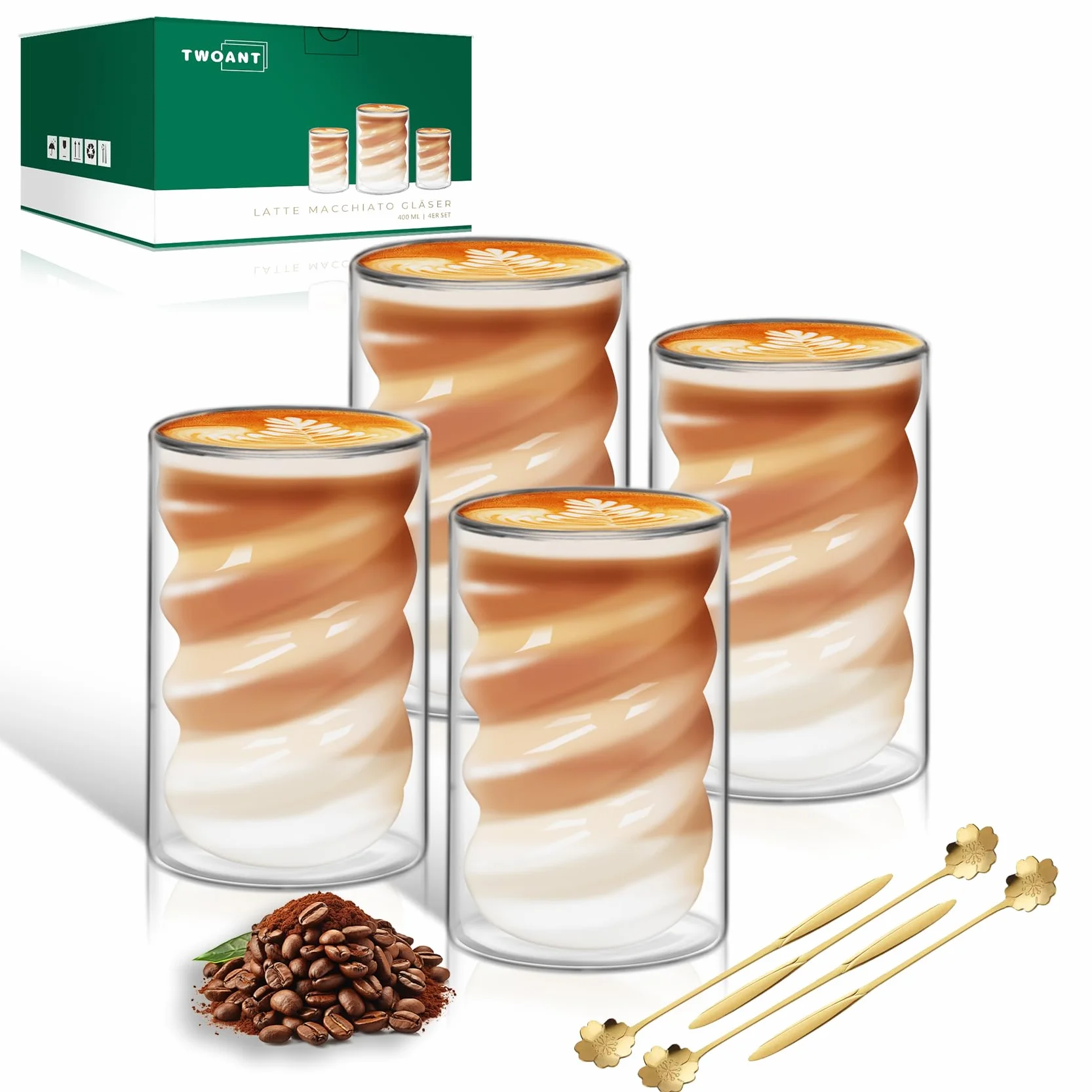 twoant Zestaw 4 filiżanek do kawy 400 ml dwuwarstwowe cappuccino ze szkła mlecznego, przezroczyste kubki ze szkła borokrzemowego z 4 łyżkami, odpowiednie do soku z kawy matcha