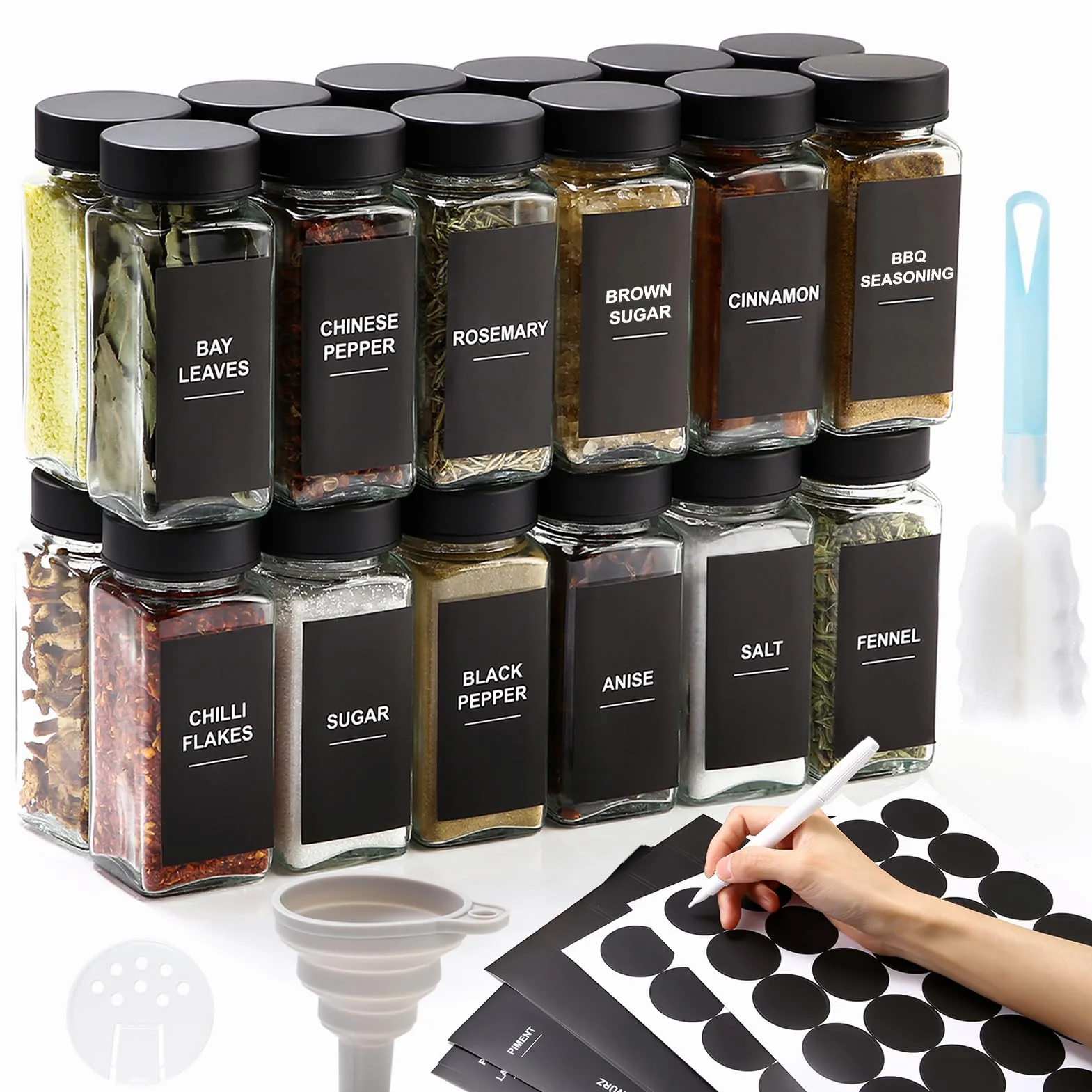 LUFEVRM Minimalistyczne kwadratowe szklane słoiki na przyprawy z pokrywkami, 120 ml, 4,3 cm x 10,7 cm x 4,1 cm, zawiera lejek i szczotkę, organizer na przyprawy