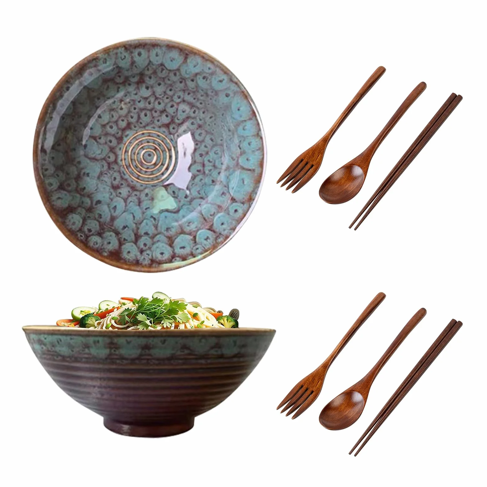 2 sztuki miski na zupę z pałeczkami, widelcem i łyżkami, zestaw 1200 ml miski na ramen, miska do sałaty z ceramiki na udon, azjatyckie makarony, 20 cm duża miska (Pfauenschwanz)