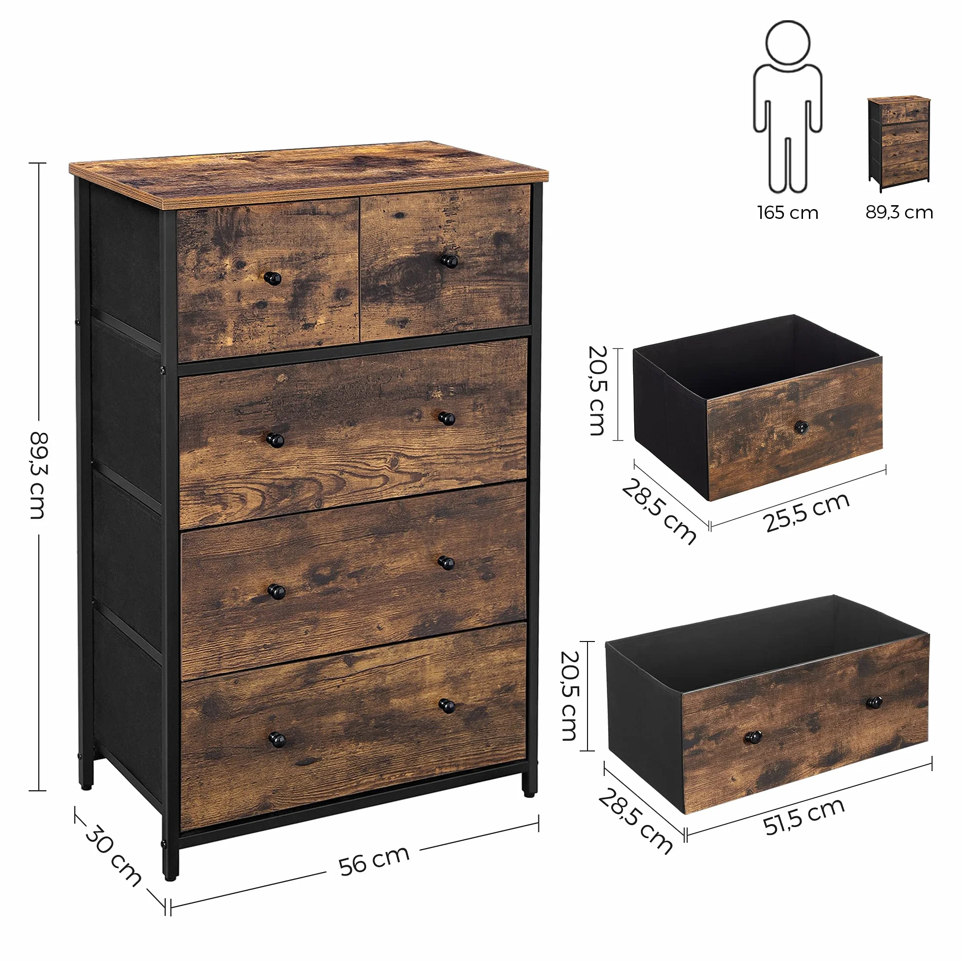 SONGMICS komoda, szafka do przechowywania, szuflady materiałowe z frontem MDF, wzornictwo przemysłowe, na korytarz, do salonu, w stylu vintage, brązowo-czarna, LGS45H