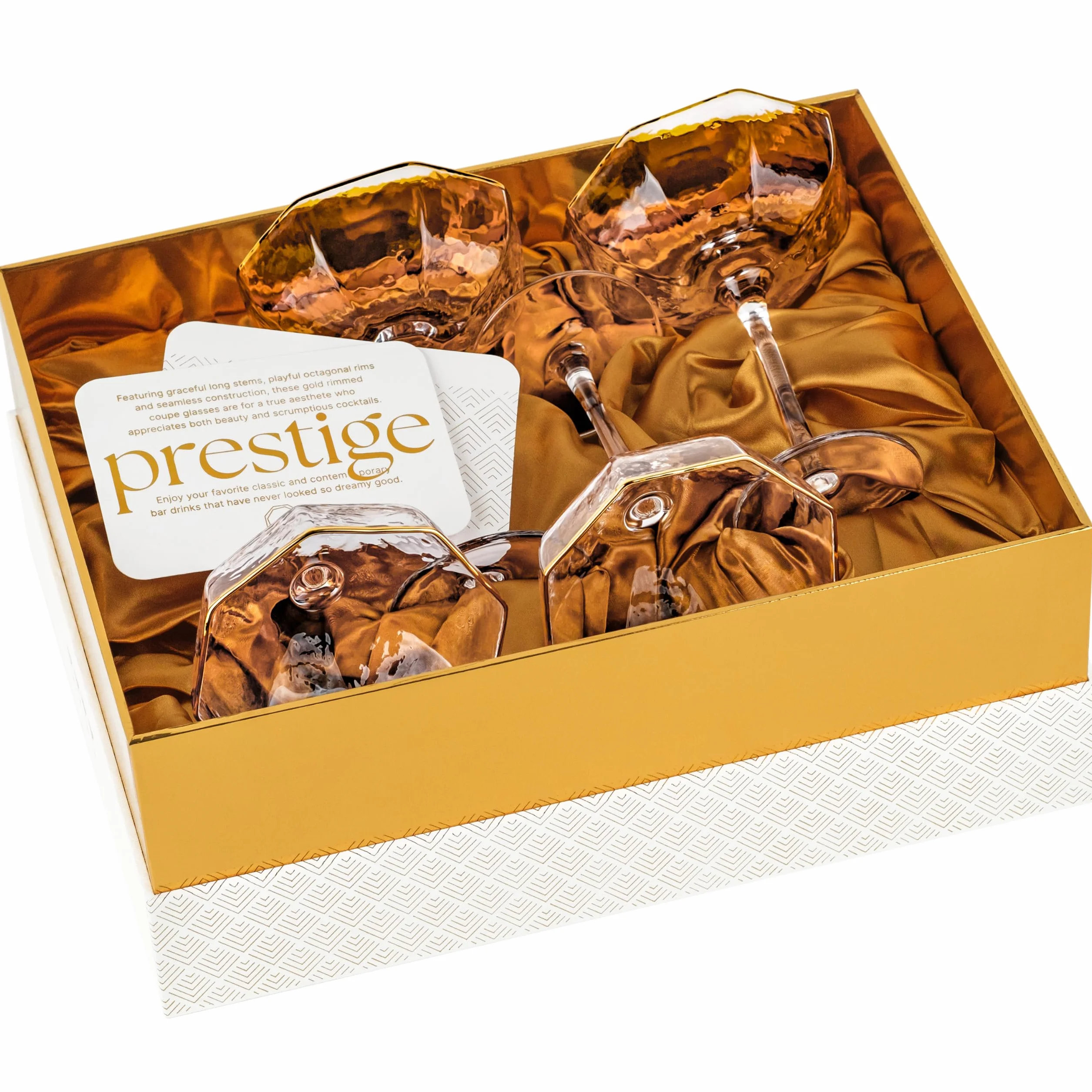 Małe ośmiokątne kieliszki Prestige Coupe o pojemności 150 ml ze złotymi krawędziami do koktajli i szampana, zestaw 4 szt., kryształowe wyroby z długich łodyg do espresso Martini, Daiquiri, Gimlet