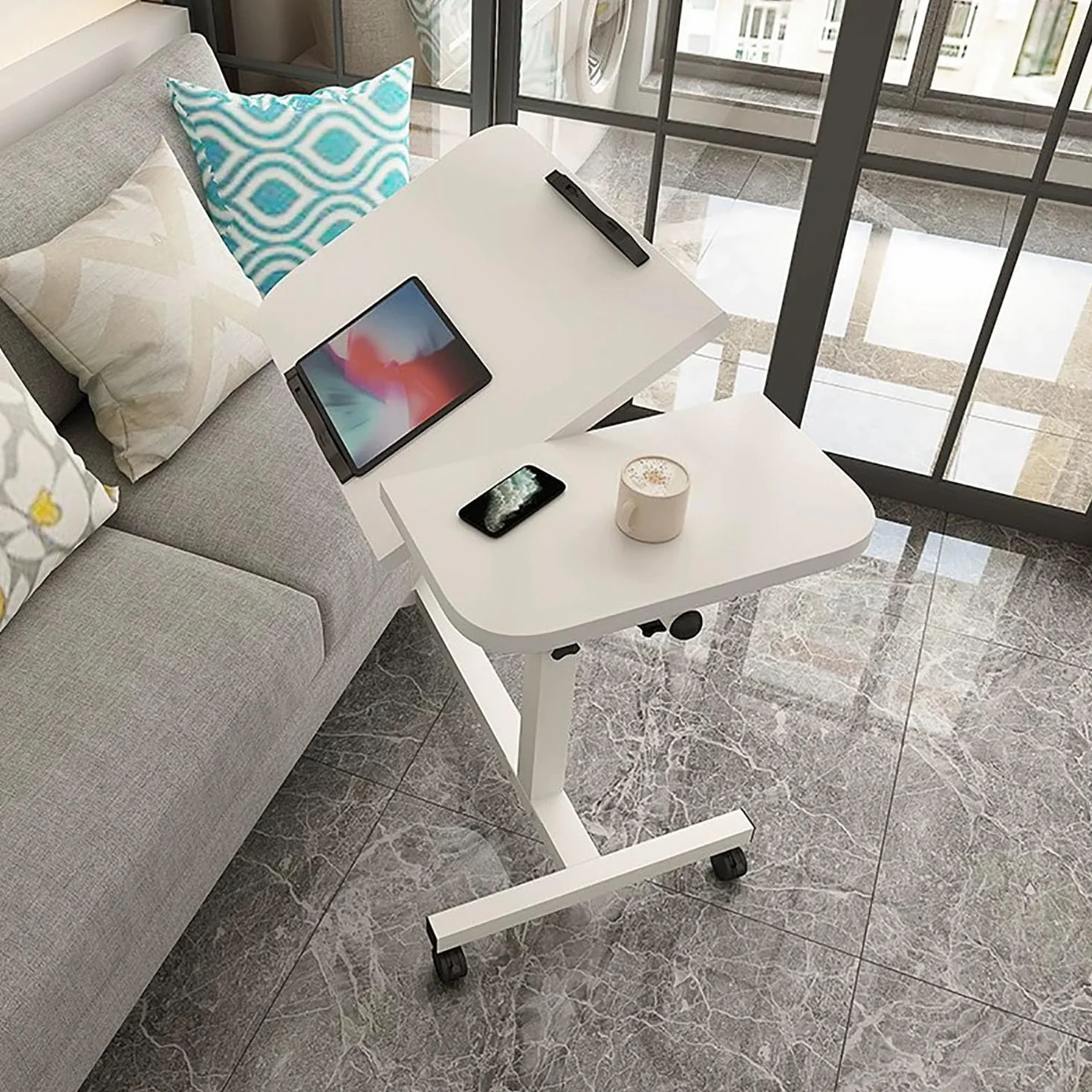 Regulowany składany stolik pomocniczy z kółkami – mobilna sofa z regulacją wysokości i kąta nachylenia, idealny do domu i biura, biały, wszechstronny laptop i biurko do jadalni