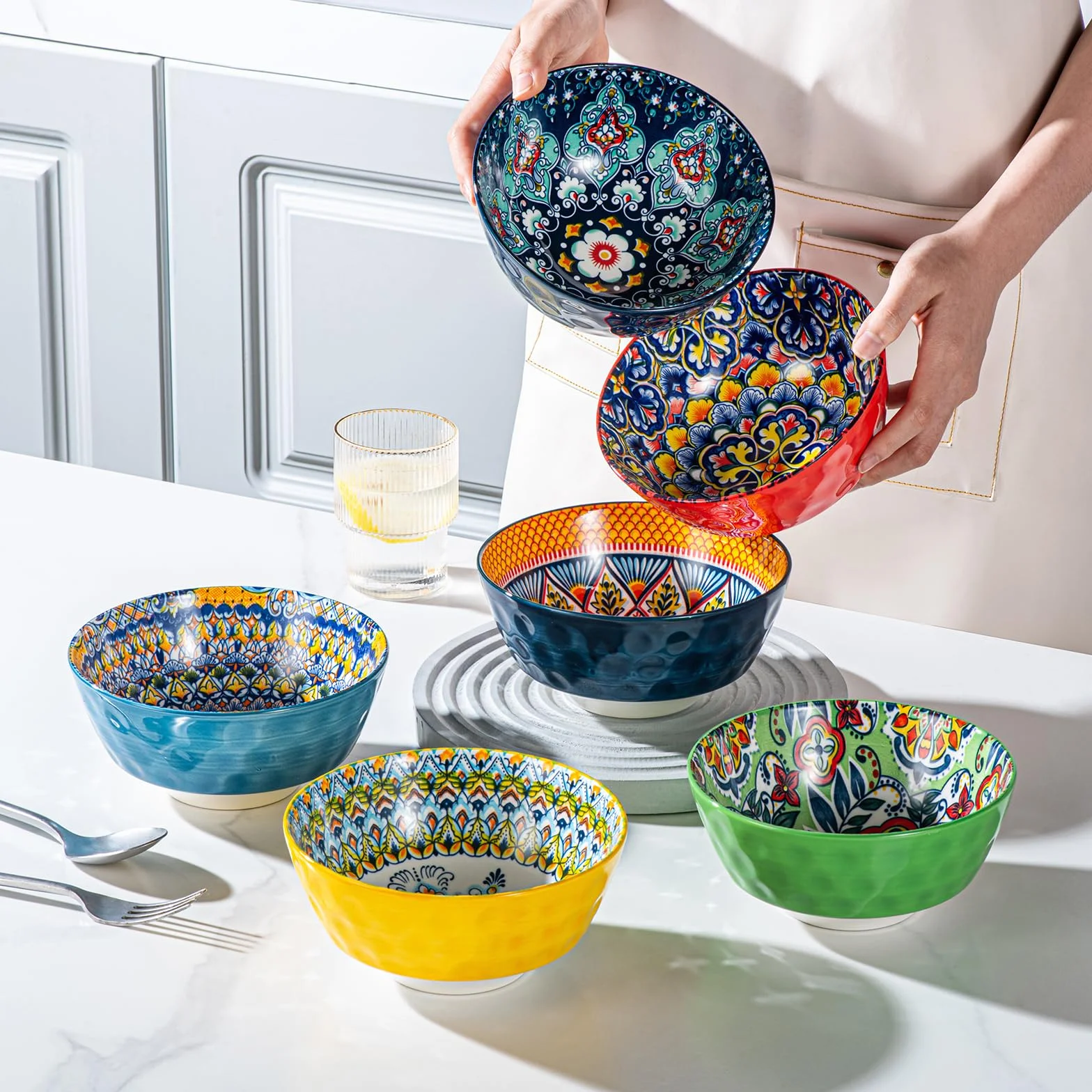 HENXFEN LEAD miseczki deserowe, miska do zupy 750 ml, porcelanowa miska sałatkowa, ceramiczna na lody, ryż, deser itp. Kolorowa, opakowanie 6 sztuk - styl bohemski