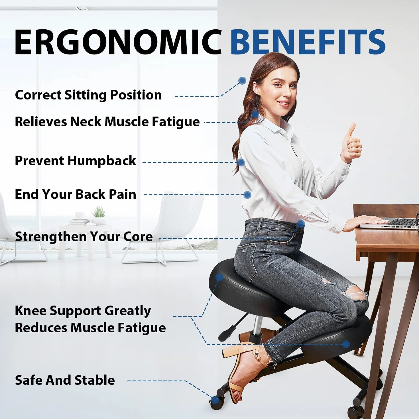 Ergonomiczne krzesło klęczące z regulacją wysokości z grubymi poduszkami piankowymi do domu i biura, ulepszona pompka powietrza