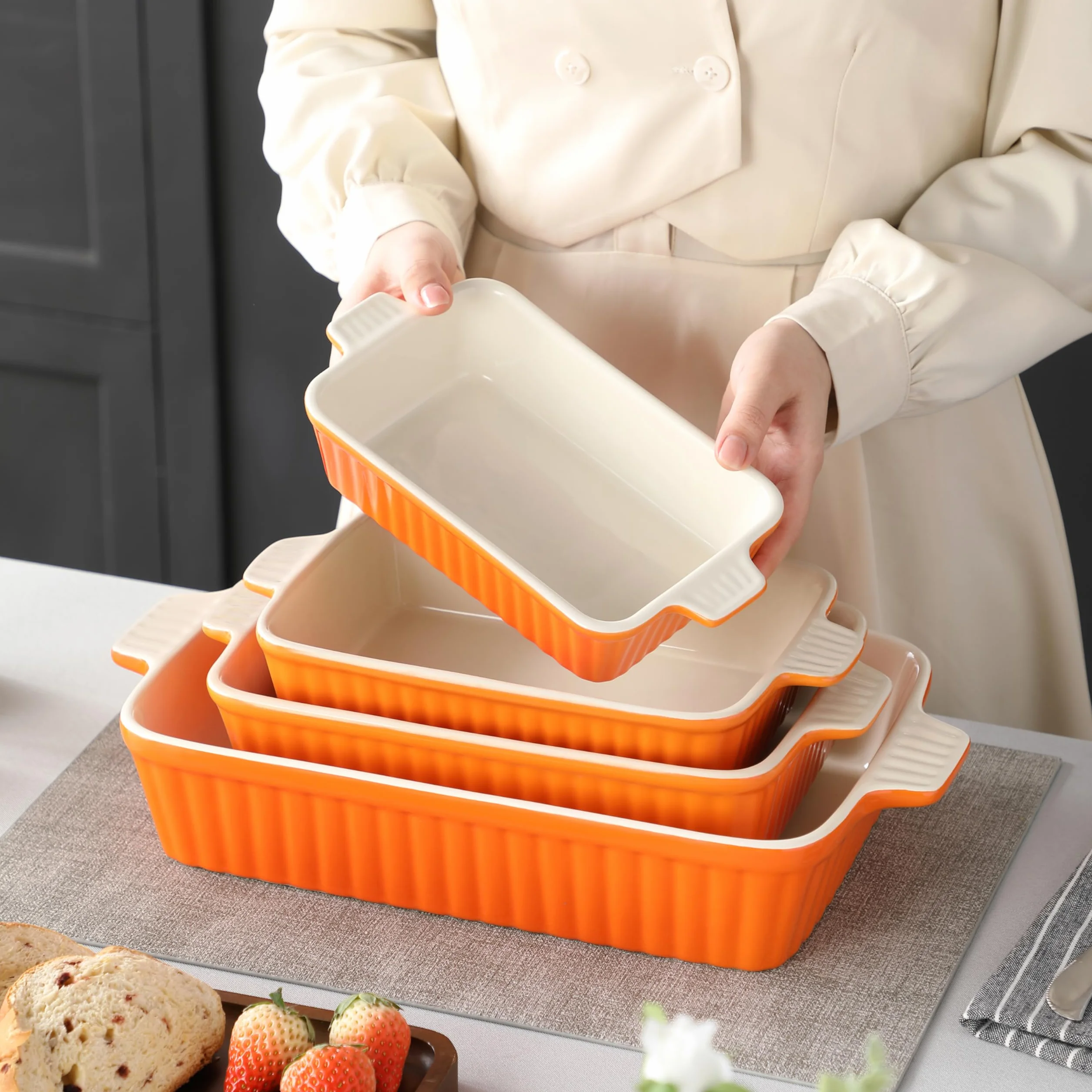 MALACASA Zestaw 4 porcelanowych naczyń do pieczenia, do piekarnika, naczynia do zapiekanek, ceramiczne, prostokątne, do pieczenia lasagne, do gotowania, ciasta, kuchni, pomarańczowe (24 cm/28 cm/31 cm