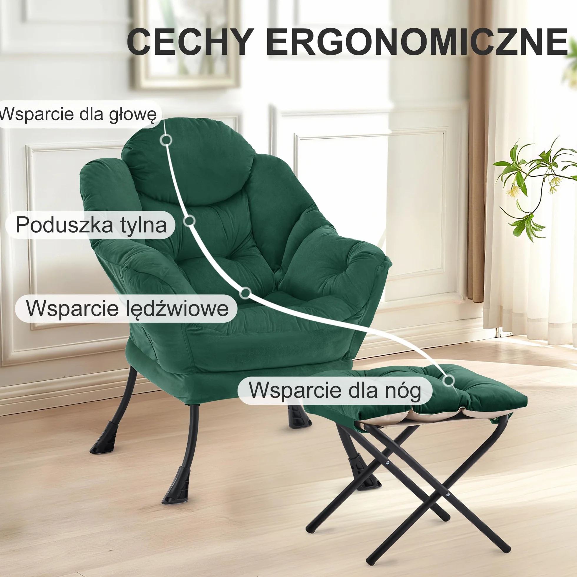 Fotel Leniwe Relaksacyjny Nowoczesny, Aksamitny Krzesło ze Stalową Ramą, z Podłokietnikami i Kieszenią, Fotel Telewizyjny do Salonu (Zielony)