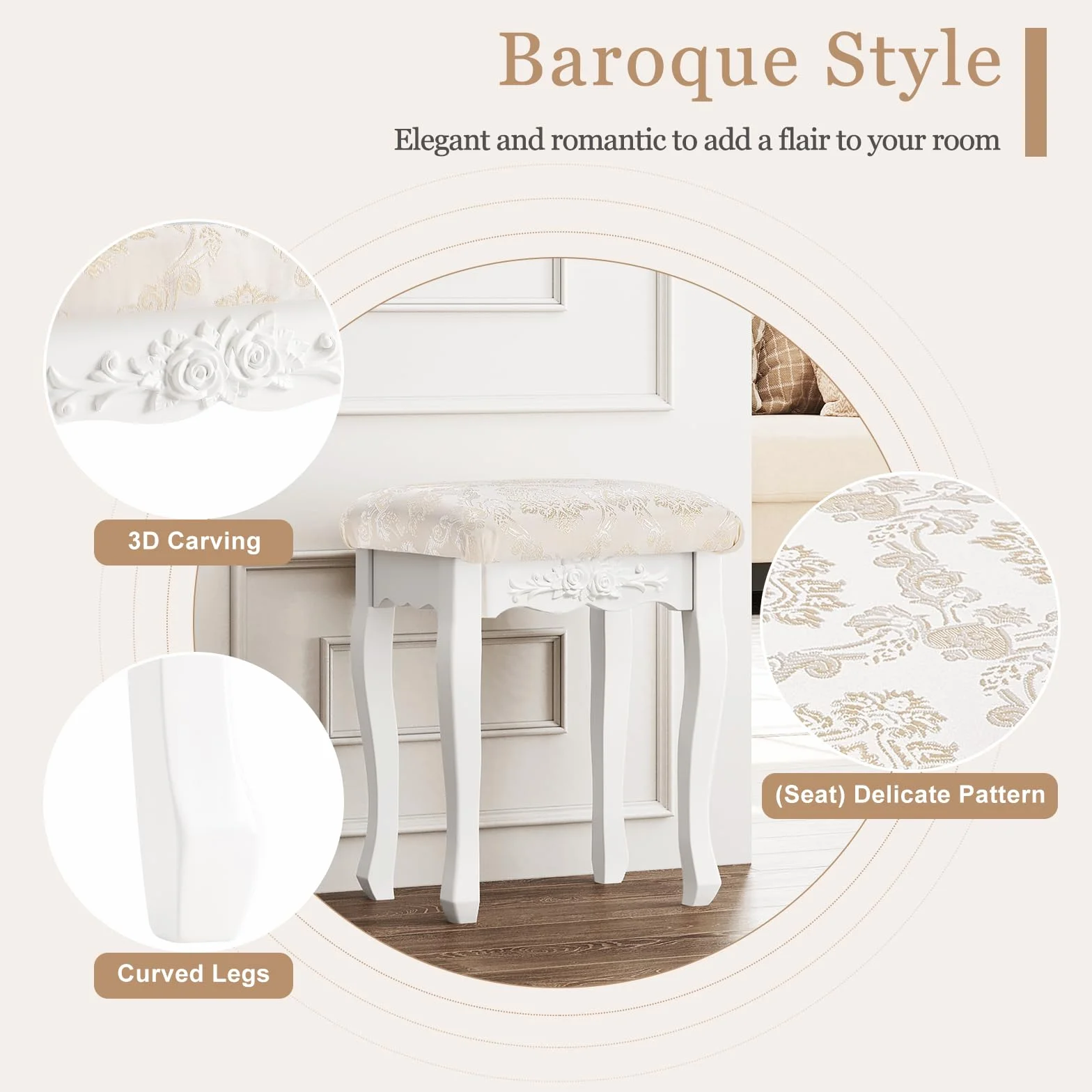 WOLTU MB6011 Taboret do Makijażu w Stylu Wiejskim, Barokowy, Tapicerowany do Toaletki, Drewno MDF, Lakierowane na Biało
