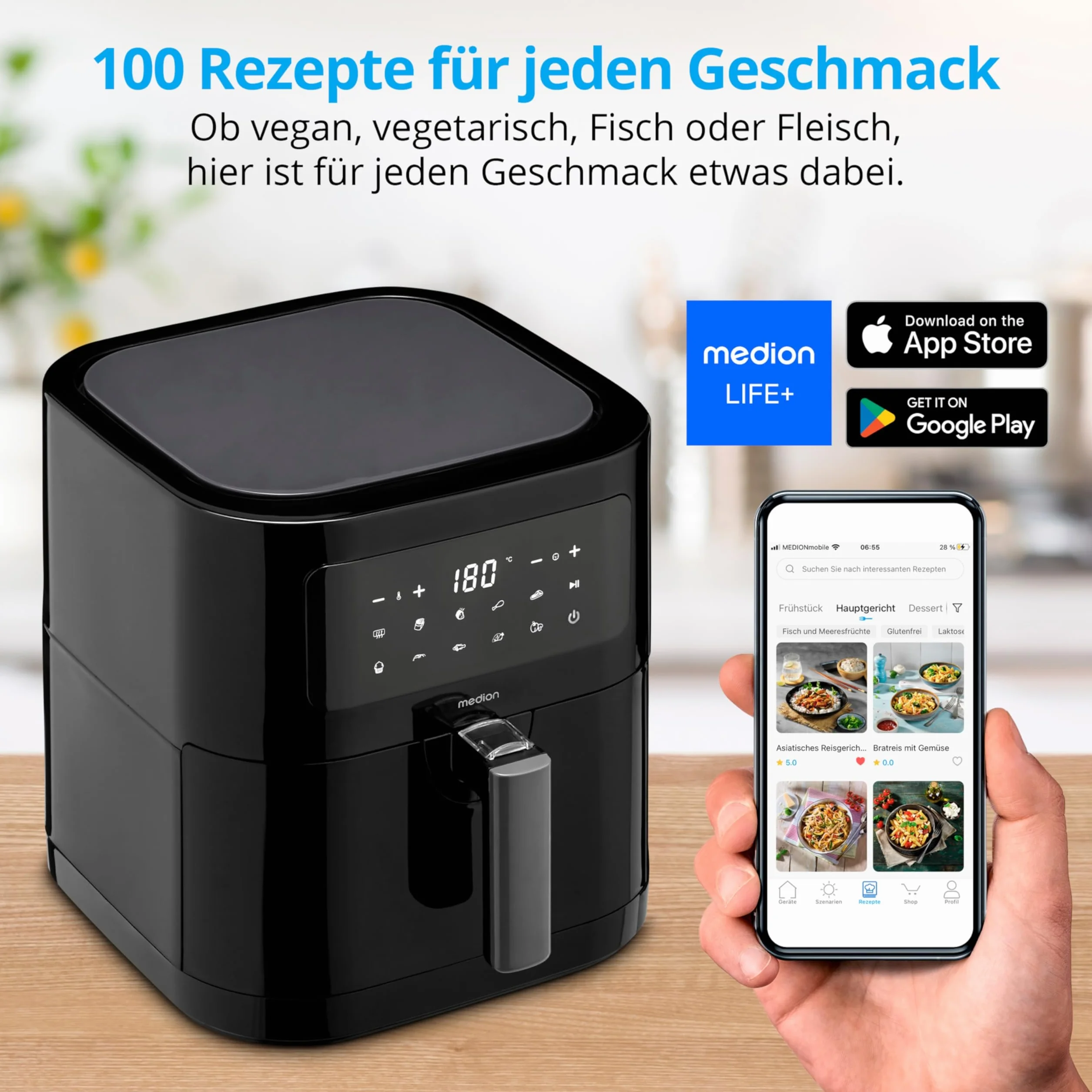 MEDION Frytkownica na gorące powietrze E40 XL (kosz XXL 5,3 l, 2150 W, 9 automatycznych programów, funkcja gotowania, smażenie bez oleju, dotykowy panel sterowania, wyświetlacz LED), kolor czarny