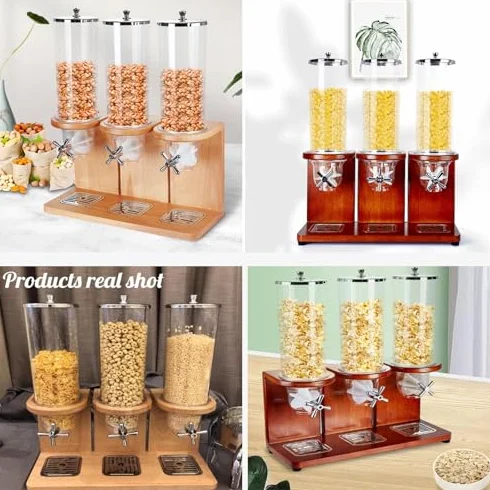 Bambusowy dozownik płatków śniadaniowych, 3,5 l / 7 l / 10,5 l do przechowywania suchej żywności do ryżu, fasoli, orzechów, organizacja blatu z beczką PC i drewnianą podstawą
