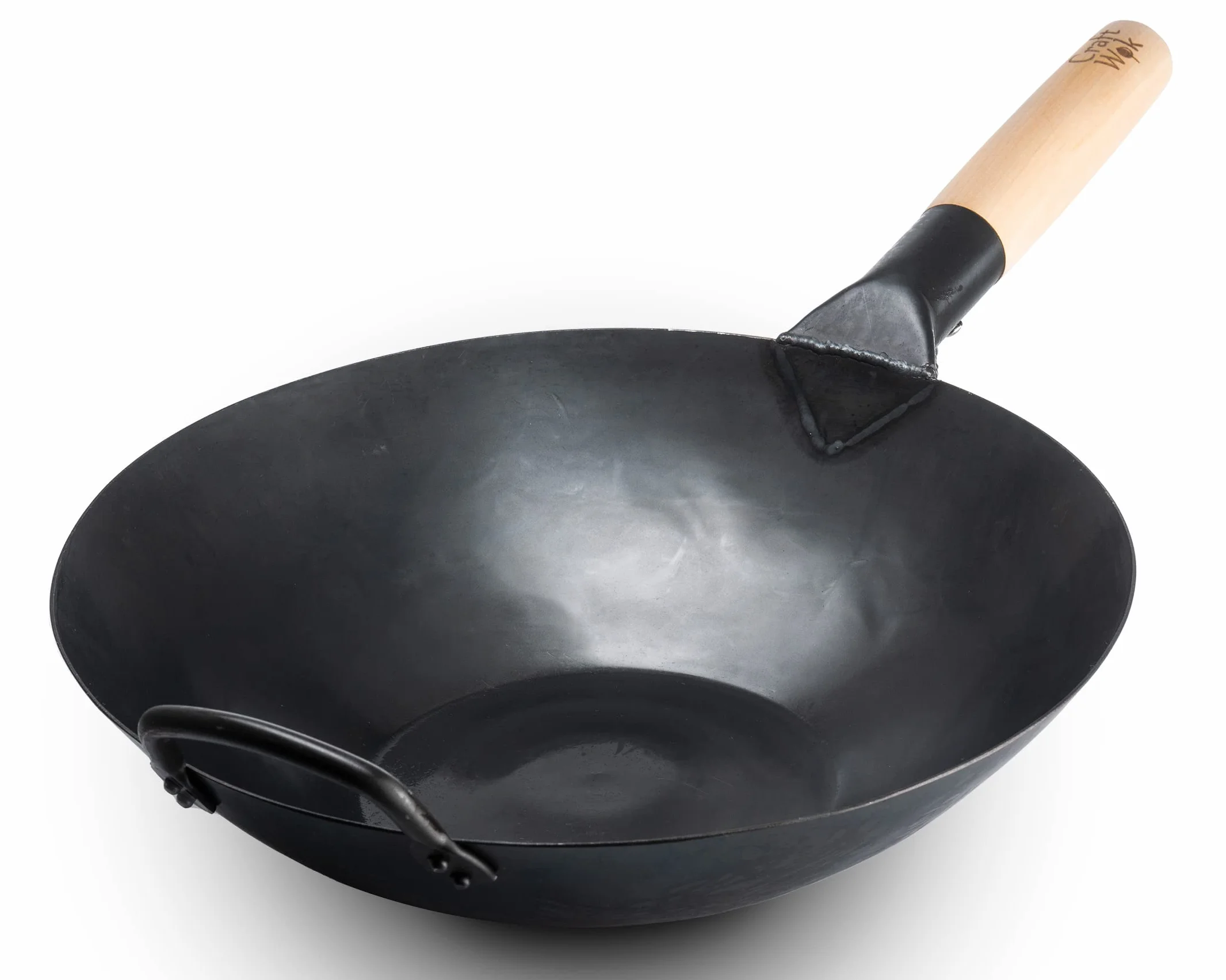 Craft Wok Black13 płaski wstępnie sezonowany wok młotkowany ze stali węglowej z drewnianym i stalowym uchwytem pomocniczym (33 cm, płaskie dno)