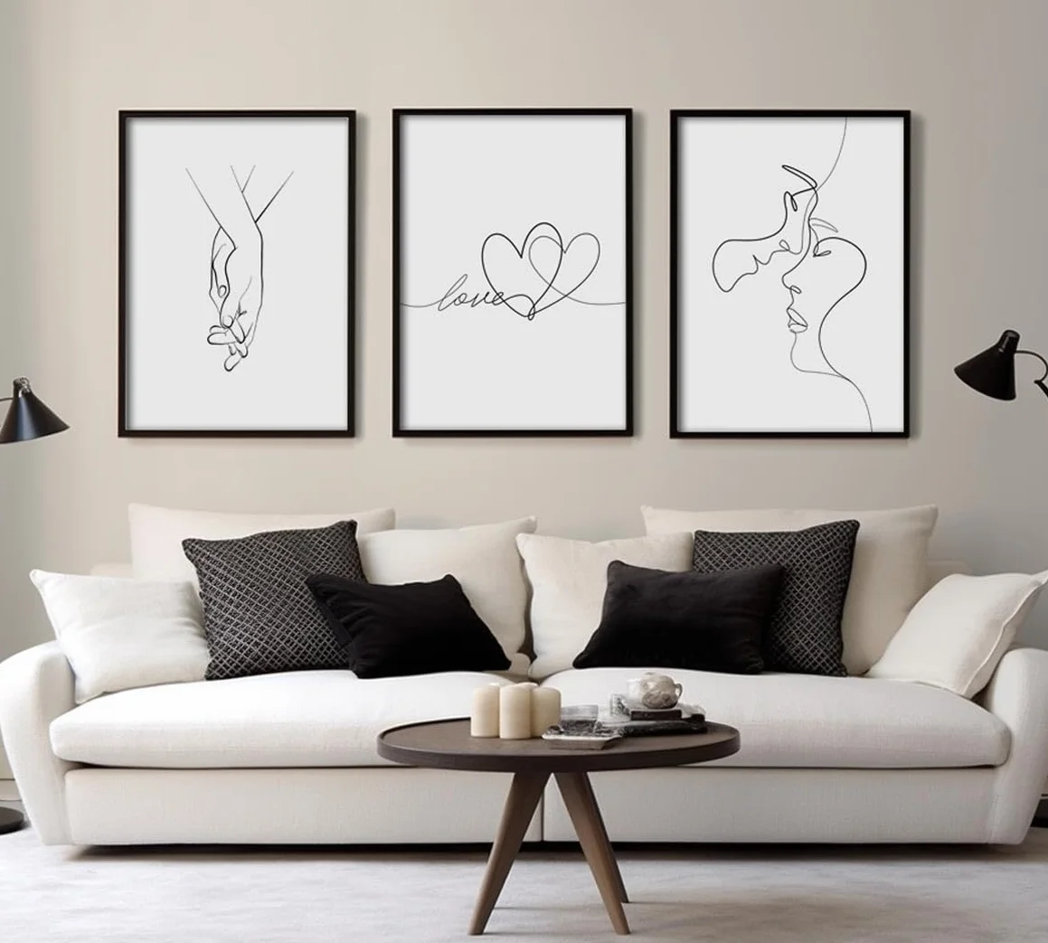 Zestaw plakatów Line Art Love 3 sztuki 30 x 40 cm czarno-białe cytaty dekoracja ścienna bez ramy