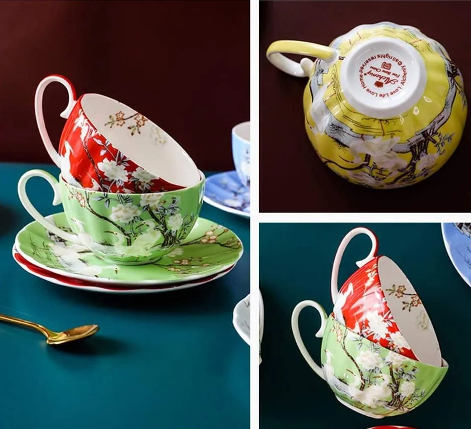 Zestaw kubków i spodków do kawy, 236 ml latte i filiżanka do herbaty, cienka porcelana kostna, idealna na imprezy i prezenty