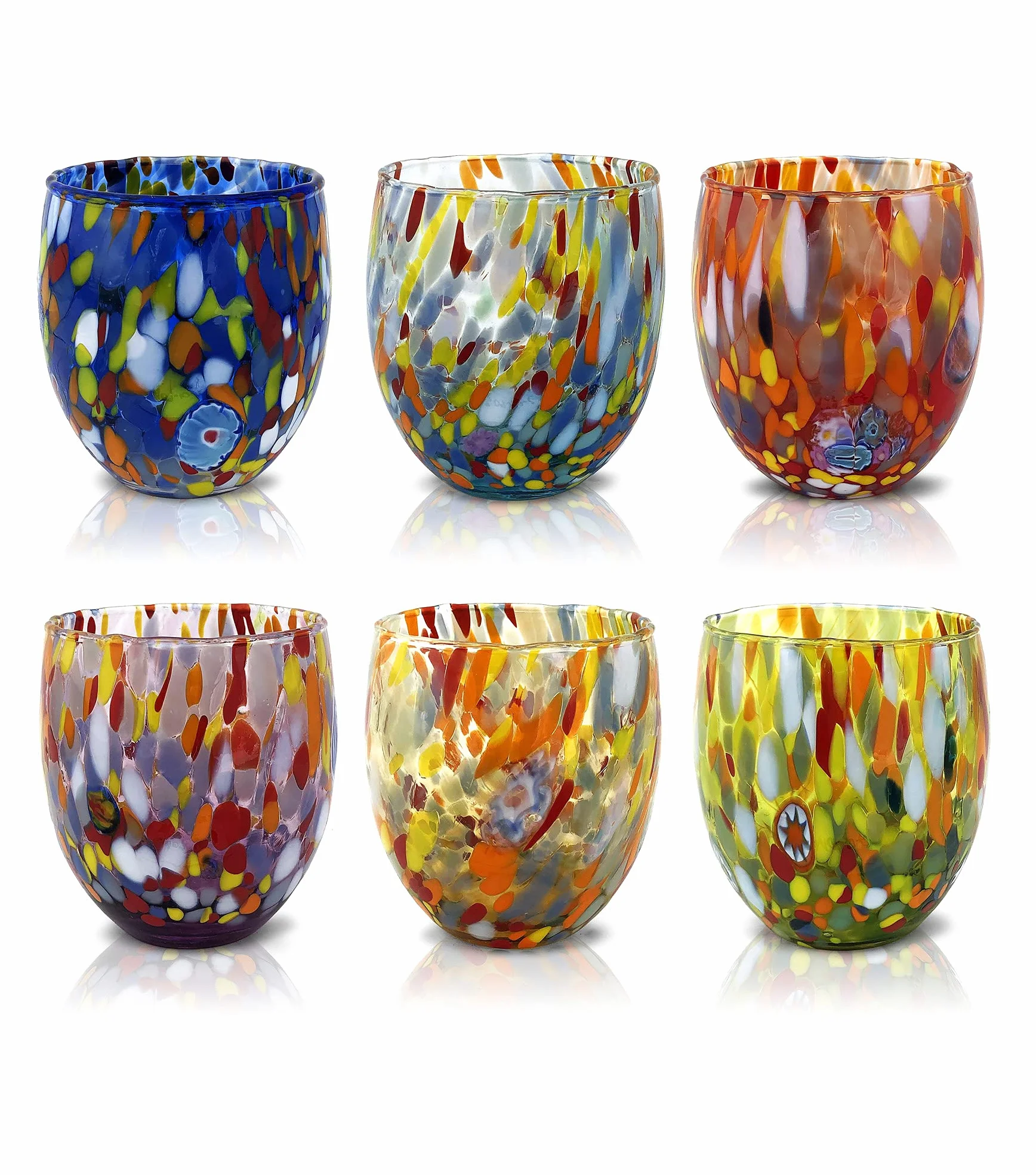 MAZZEGA ART & DESIGN - 6 ręcznie dmuchanych i oryginalnych szklanek na wodę Goto Murrine Murano - kolory Murano - Classic 290 ml. Wyprodukowano we Włoszech