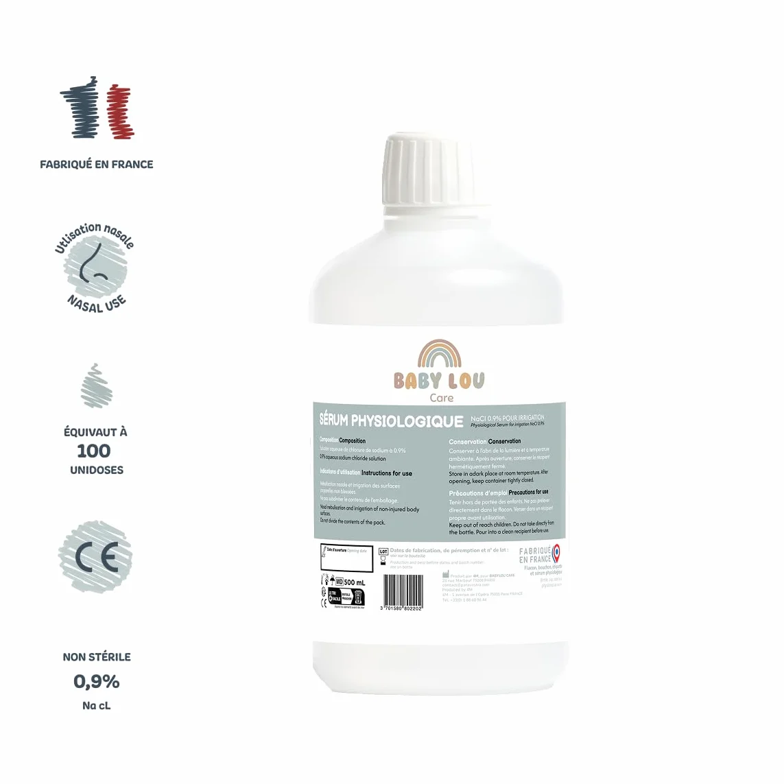 Butelka fizjologicznego roztworu soli 500 ml, NaCl 0,9%, wyprodukowano we Francji, oczyszczanie przewodów nosowych, higiena nosa, do nawadniania zewnętrznego