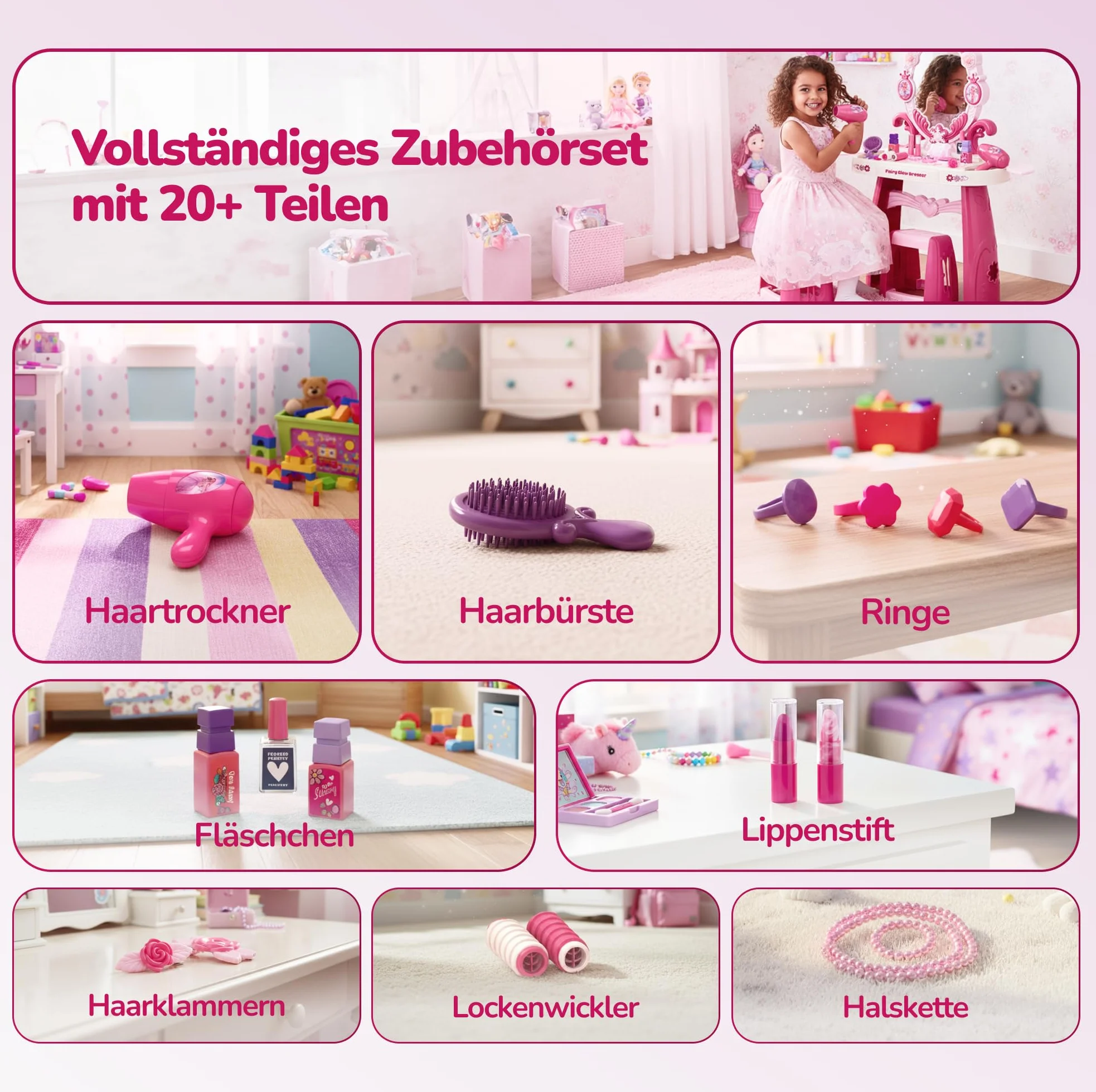 Kinderplay Fairy Glow Dresser toaletka dla dzieci z oświetleniem i dźwiękiem – zabawka dla dziewczynek od 3 lat – zestaw do makijażu dla dzieci z lustrem i 32 akcesoriami