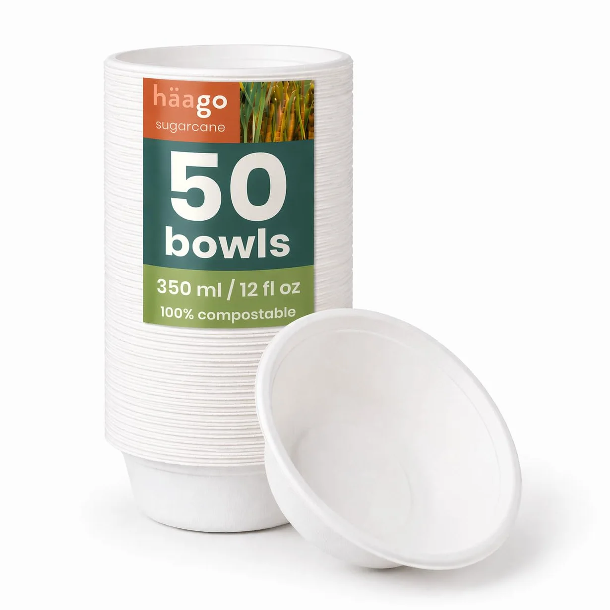 HAAGO - 60 biodegradowalnych jednorazowych misek na trzciny cukrowej, 350ml - solidne, sztywne i wodoodporne - Ekologiczne i kompostowalne - Zupa, aperitif, desery, lody
