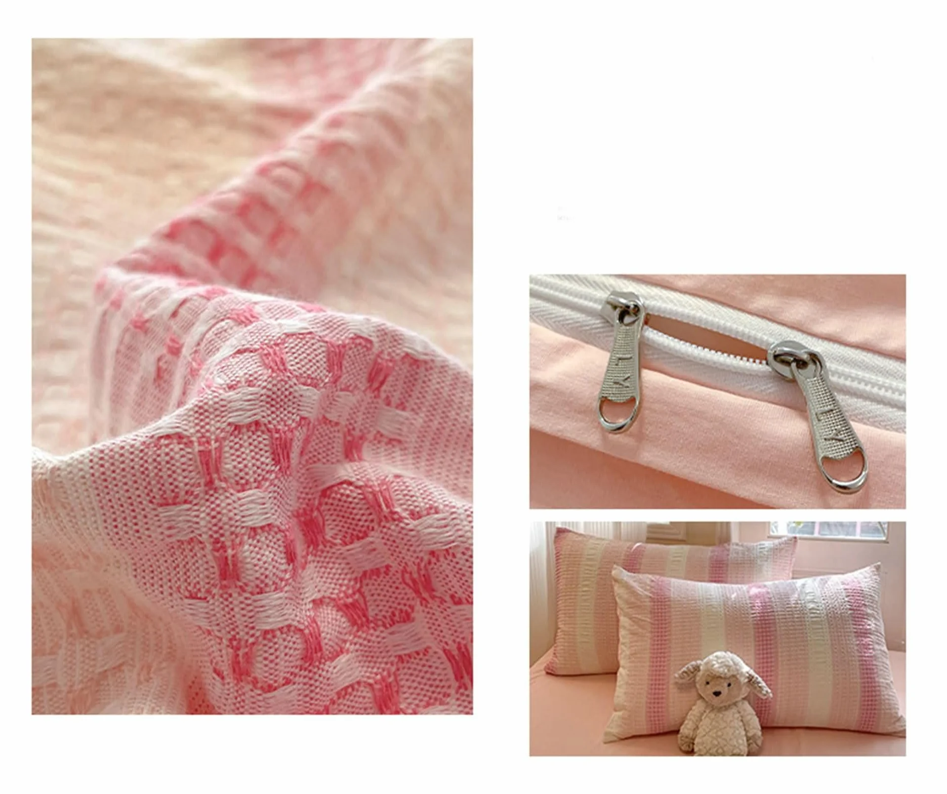 Zestaw pościeli 4 sztuki, poszwa na kołdrę 200x230cm, prześcieradło z gumką 150x200cm, 2 poszewki na poduszki, wzór w paski, miękka bawełna, różowy