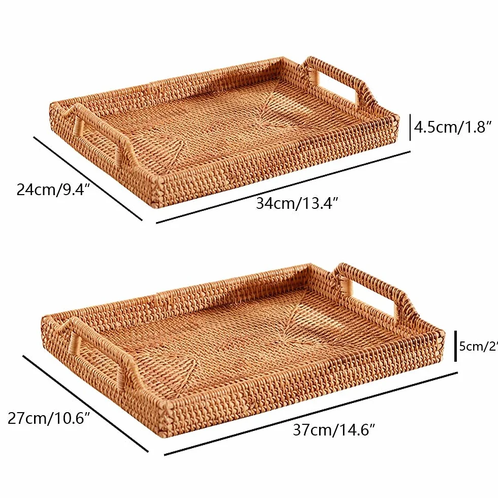 I-lan rattanowy prostokątny kosz do serwowania z uchwytem, 38 x 26 x 5 cm, tkany dekoracyjny kosz jutowy na stół, otomanę, toaletkę, blat kuchenny, naturalny brąz, rozmiar S + L
